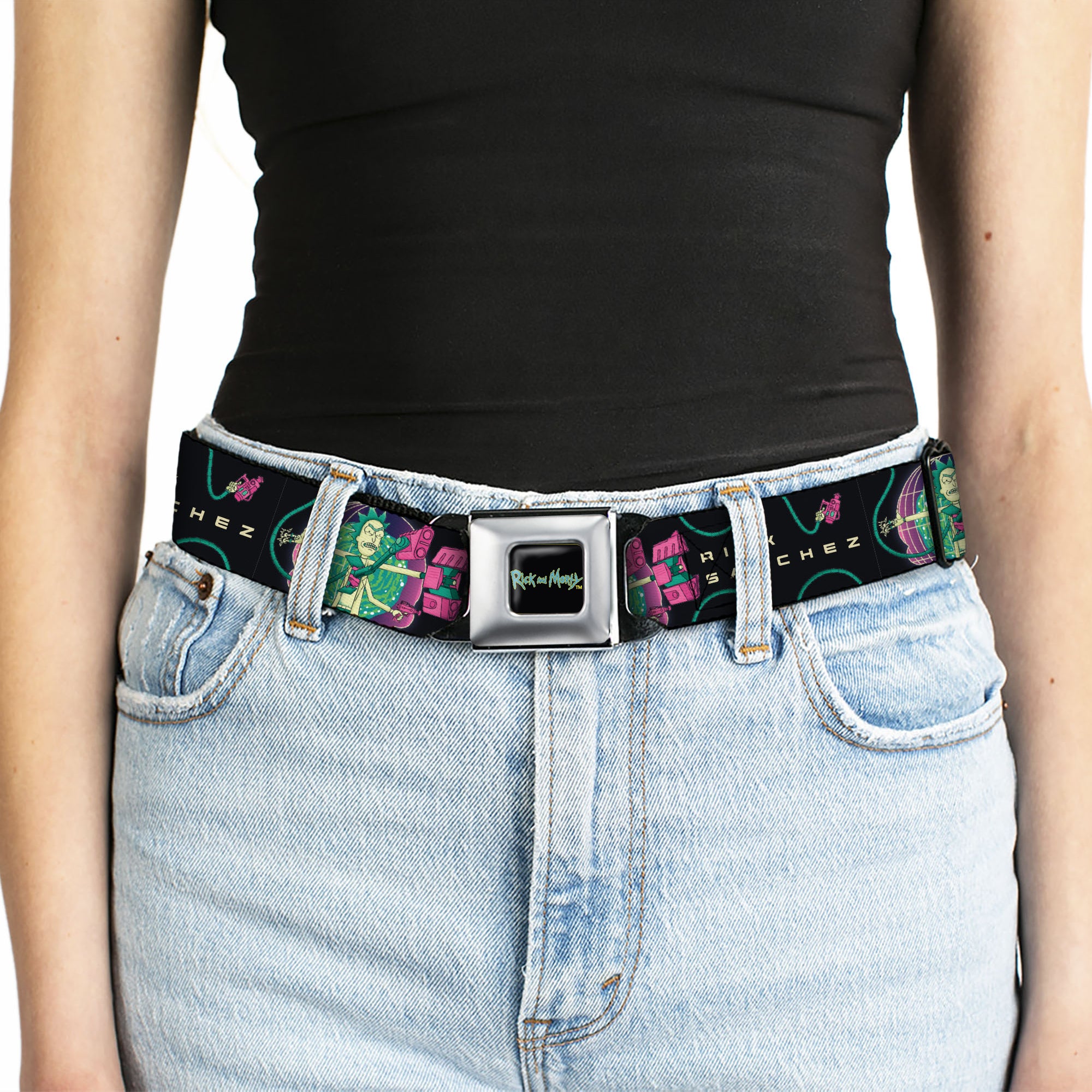 RICK AND MORTY Text Logo Full Color Black/Blue Seatbelt Belt - RICK SANCHEZ Multi Arm Portal Pose Black/Blues/Pinks Webbing Seatbelt Belts Rick and Morty