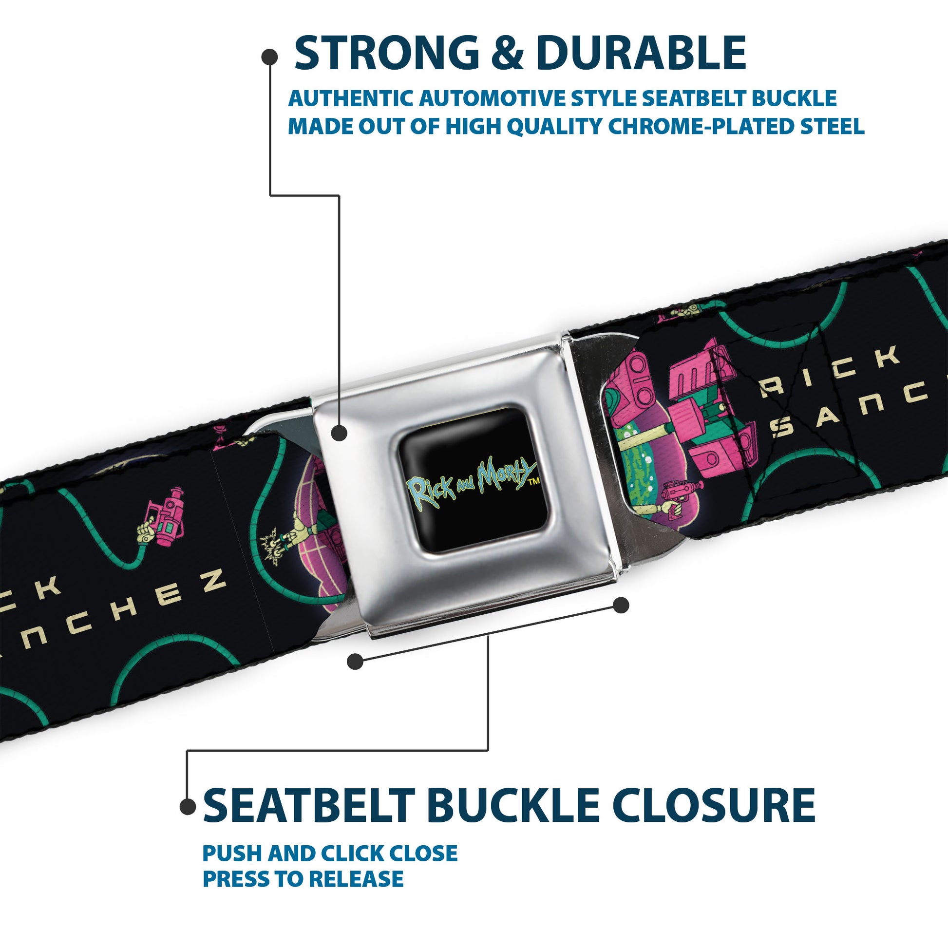 RICK AND MORTY Text Logo Full Color Black/Blue Seatbelt Belt - RICK SANCHEZ Multi Arm Portal Pose Black/Blues/Pinks Webbing Seatbelt Belts Rick and Morty