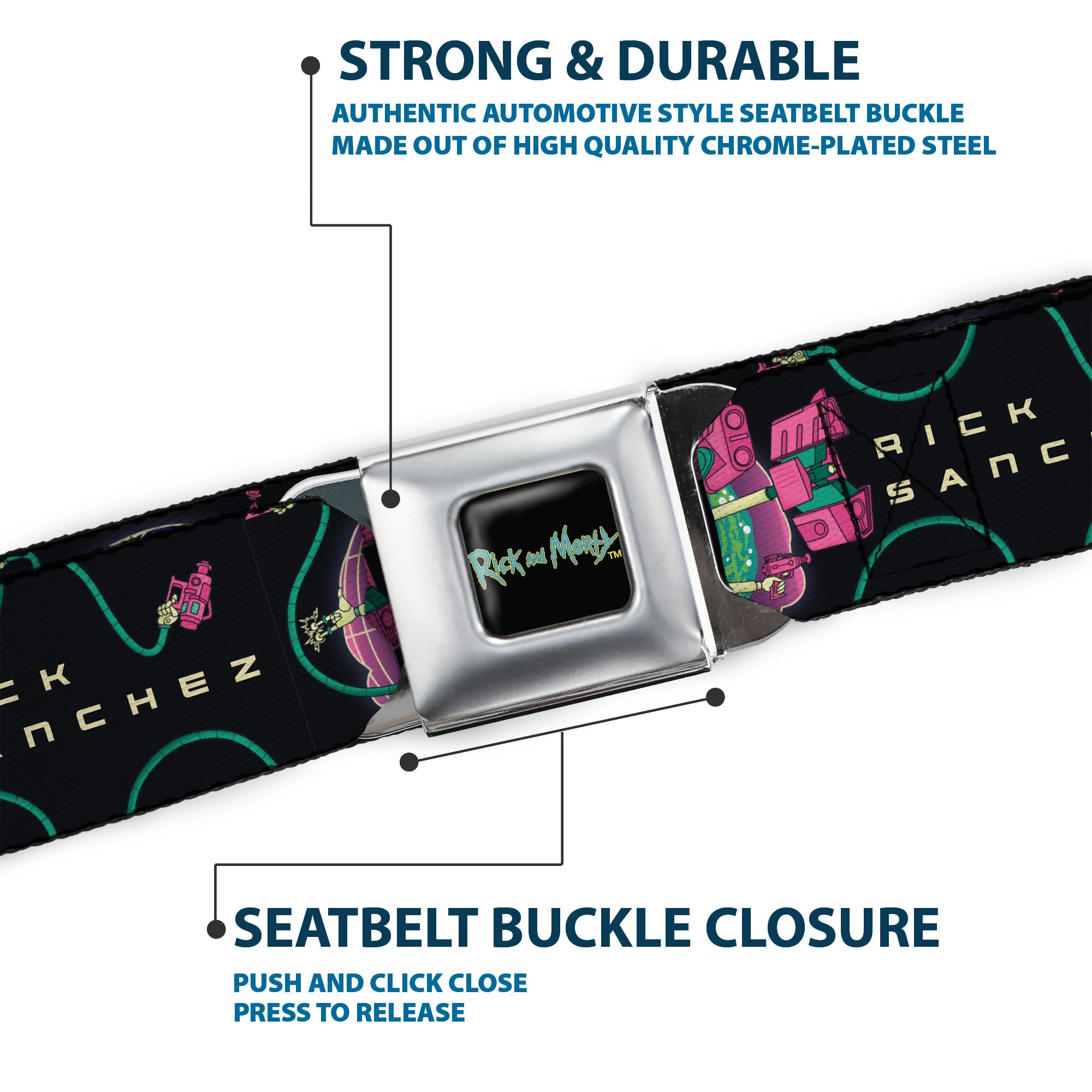 RICK AND MORTY Text Logo Full Color Black/Blue Seatbelt Belt - RICK SANCHEZ Multi Arm Portal Pose Black/Blues/Pinks Webbing Seatbelt Belts Rick and Morty
