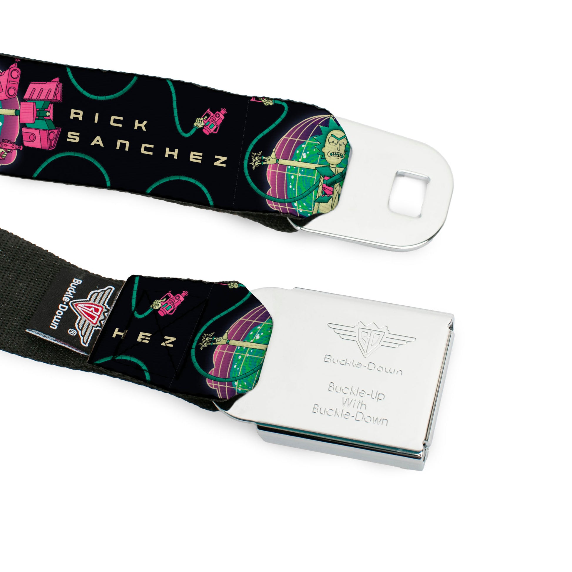 RICK AND MORTY Text Logo Full Color Black/Blue Seatbelt Belt - RICK SANCHEZ Multi Arm Portal Pose Black/Blues/Pinks Webbing Seatbelt Belts Rick and Morty