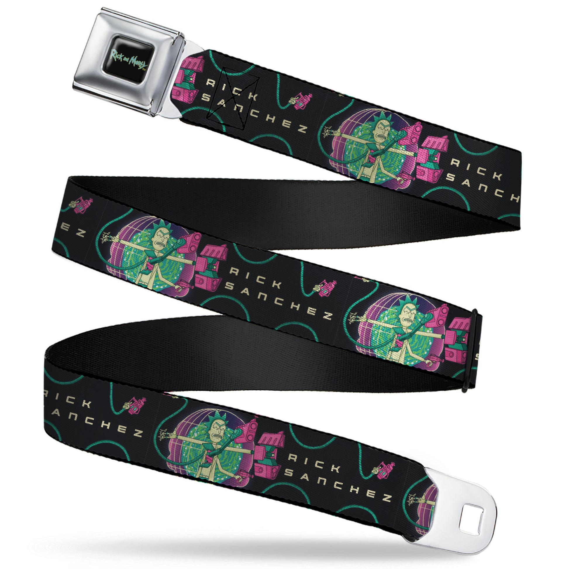 RICK AND MORTY Text Logo Full Color Black/Blue Seatbelt Belt - RICK SANCHEZ Multi Arm Portal Pose Black/Blues/Pinks Webbing Seatbelt Belts Rick and Morty