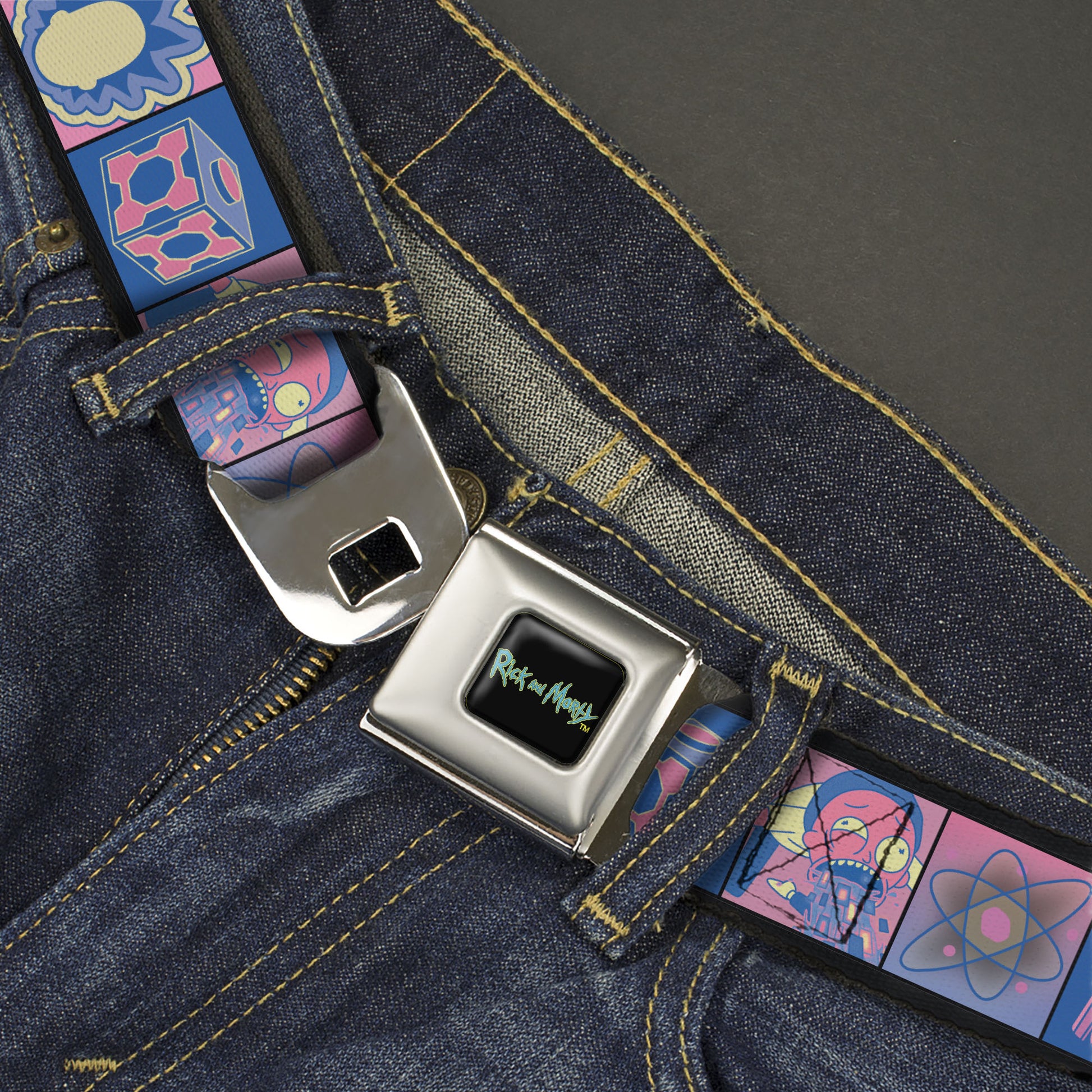 RICK AND MORTY Text Logo Full Color Black/Blue Seatbelt Belt - Rick and Morty Character Pose and Icon Blocks Pinks/Blues Webbing Seatbelt Belts Rick and Morty