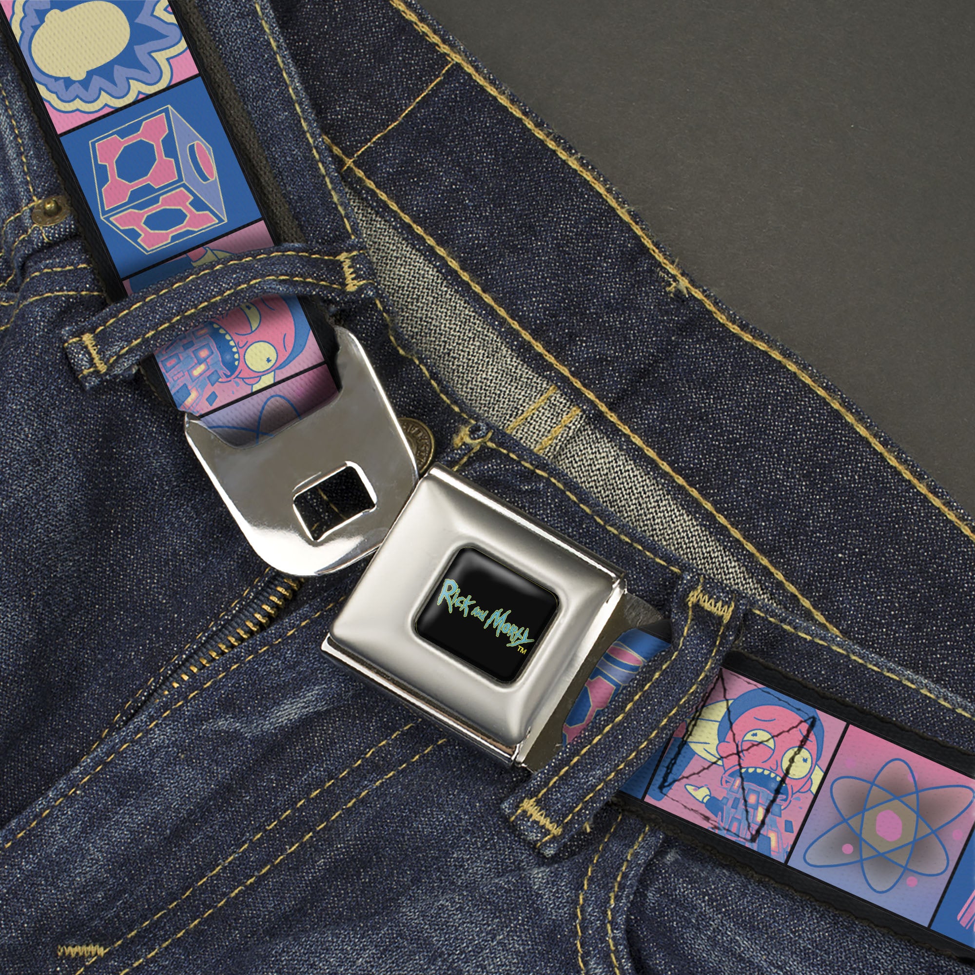 RICK AND MORTY Text Logo Full Color Black/Blue Seatbelt Belt - Rick and Morty Character Pose and Icon Blocks Pinks/Blues Webbing Seatbelt Belts Rick and Morty