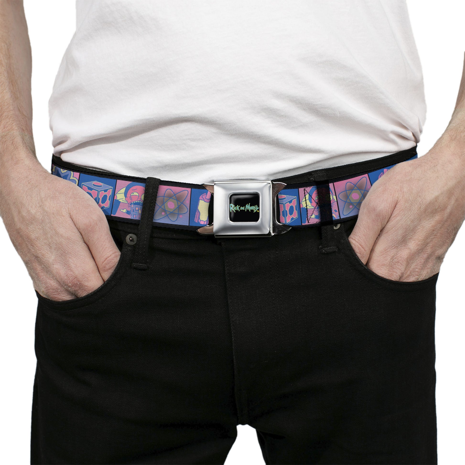 RICK AND MORTY Text Logo Full Color Black/Blue Seatbelt Belt - Rick and Morty Character Pose and Icon Blocks Pinks/Blues Webbing Seatbelt Belts Rick and Morty