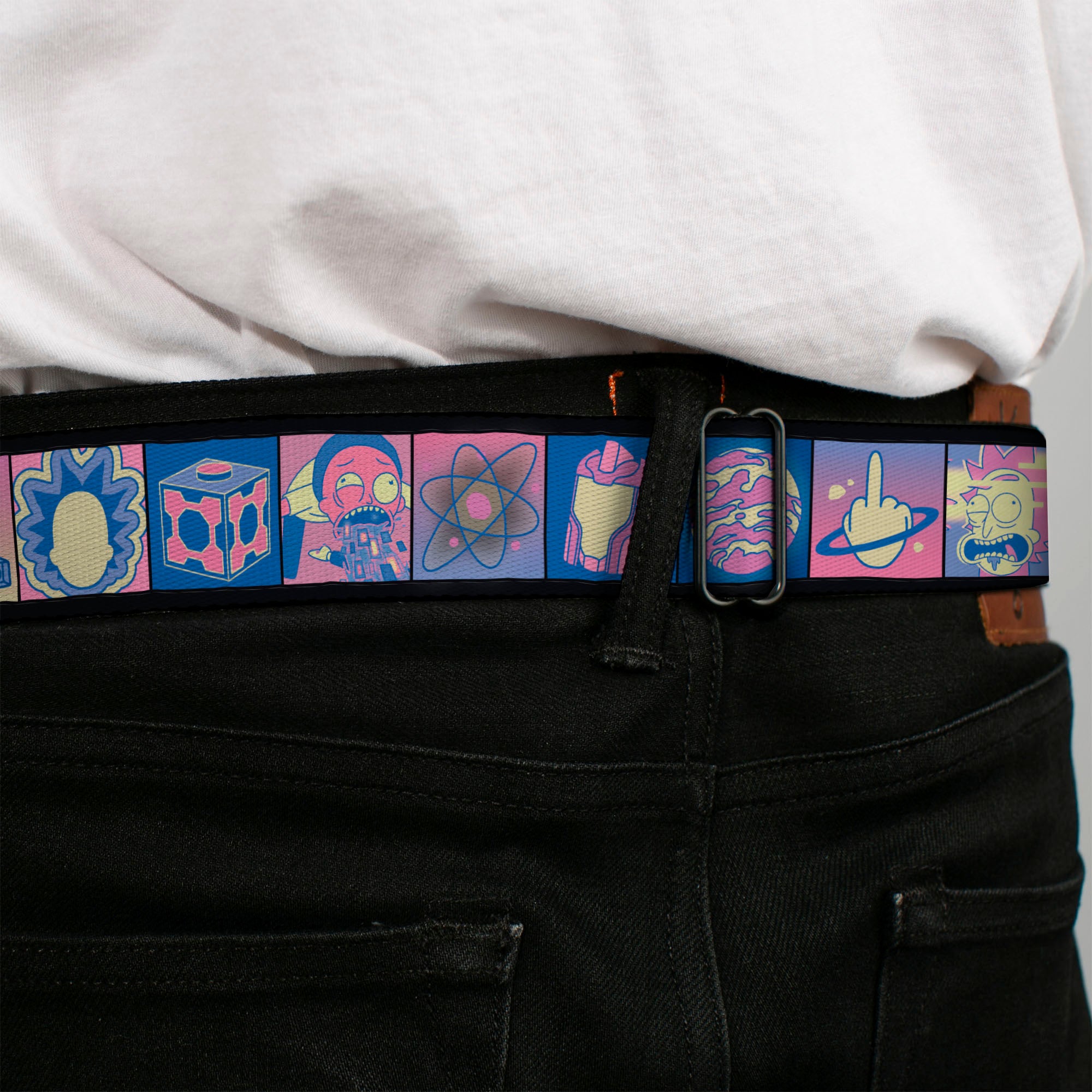 RICK AND MORTY Text Logo Full Color Black/Blue Seatbelt Belt - Rick and Morty Character Pose and Icon Blocks Pinks/Blues Webbing Seatbelt Belts Rick and Morty