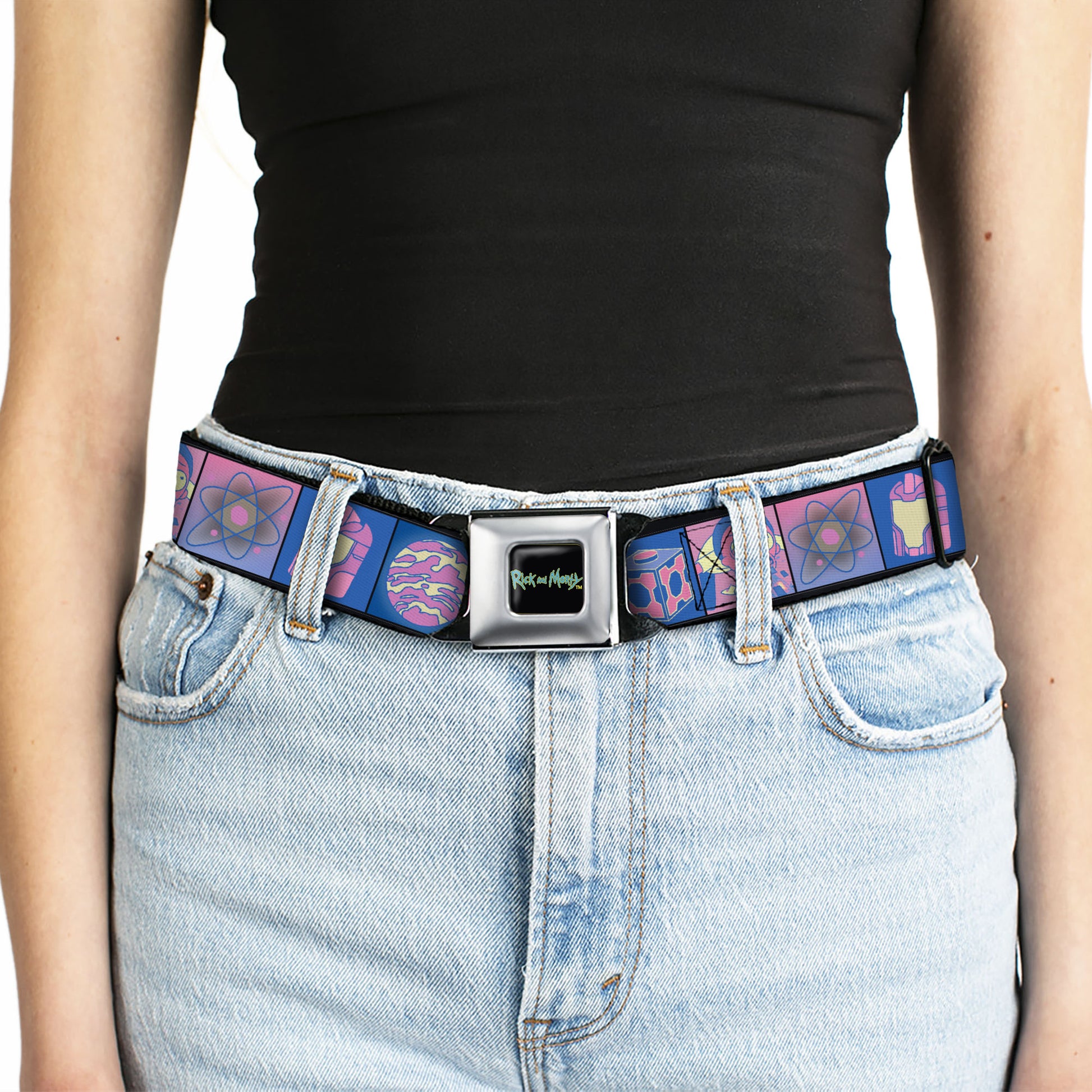 RICK AND MORTY Text Logo Full Color Black/Blue Seatbelt Belt - Rick and Morty Character Pose and Icon Blocks Pinks/Blues Webbing Seatbelt Belts Rick and Morty