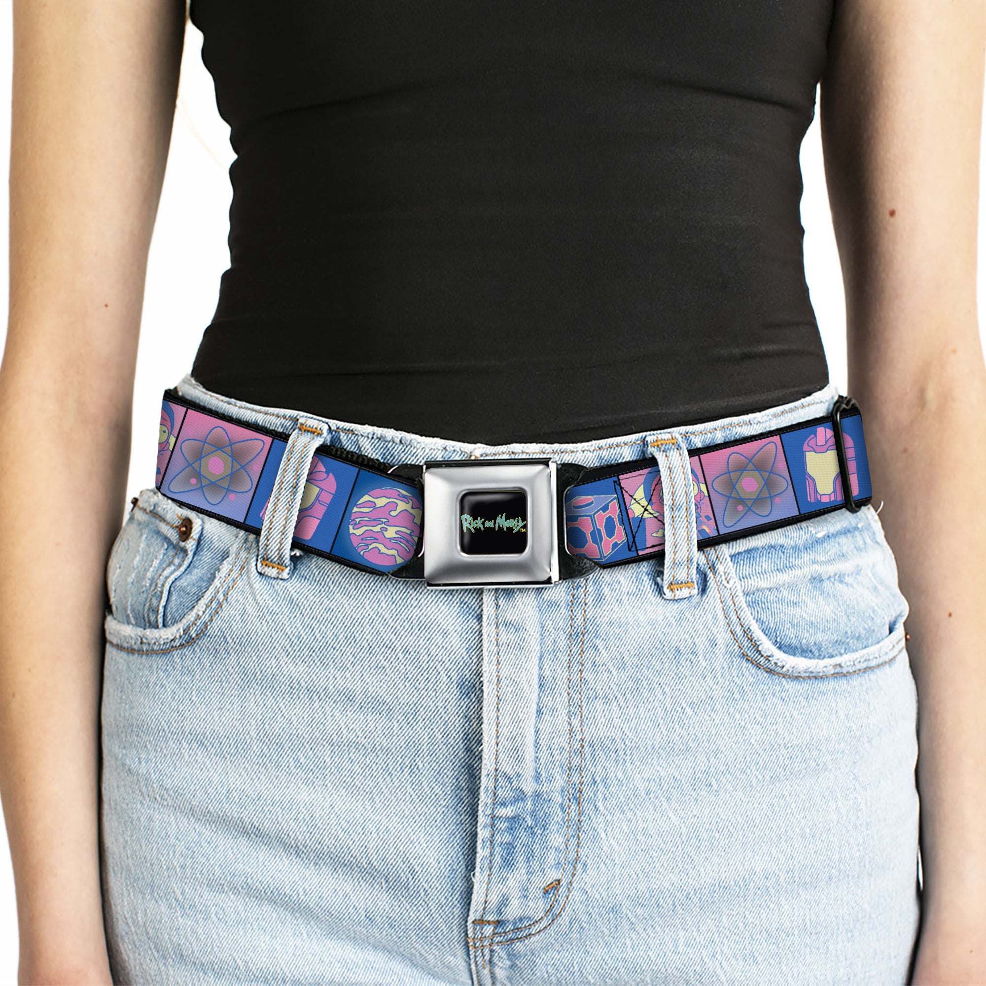 RICK AND MORTY Text Logo Full Color Black/Blue Seatbelt Belt - Rick and Morty Character Pose and Icon Blocks Pinks/Blues Webbing Seatbelt Belts Rick and Morty