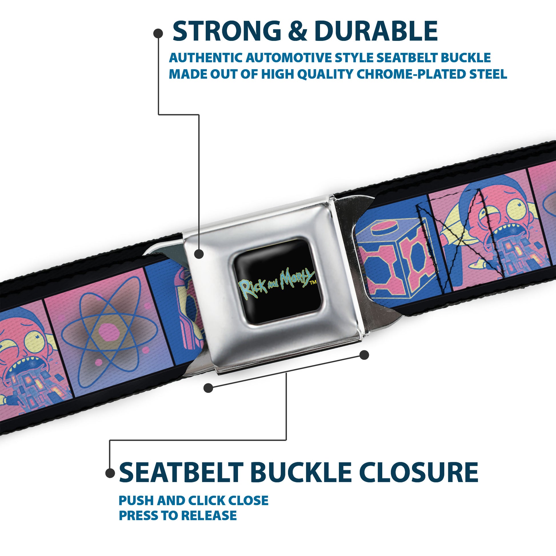 RICK AND MORTY Text Logo Full Color Black/Blue Seatbelt Belt - Rick and Morty Character Pose and Icon Blocks Pinks/Blues Webbing Seatbelt Belts Rick and Morty