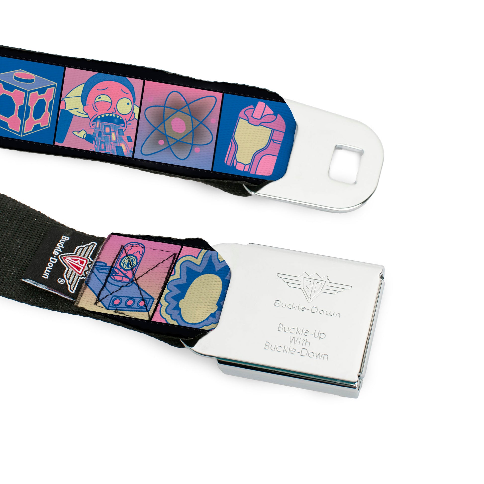 RICK AND MORTY Text Logo Full Color Black/Blue Seatbelt Belt - Rick and Morty Character Pose and Icon Blocks Pinks/Blues Webbing Seatbelt Belts Rick and Morty