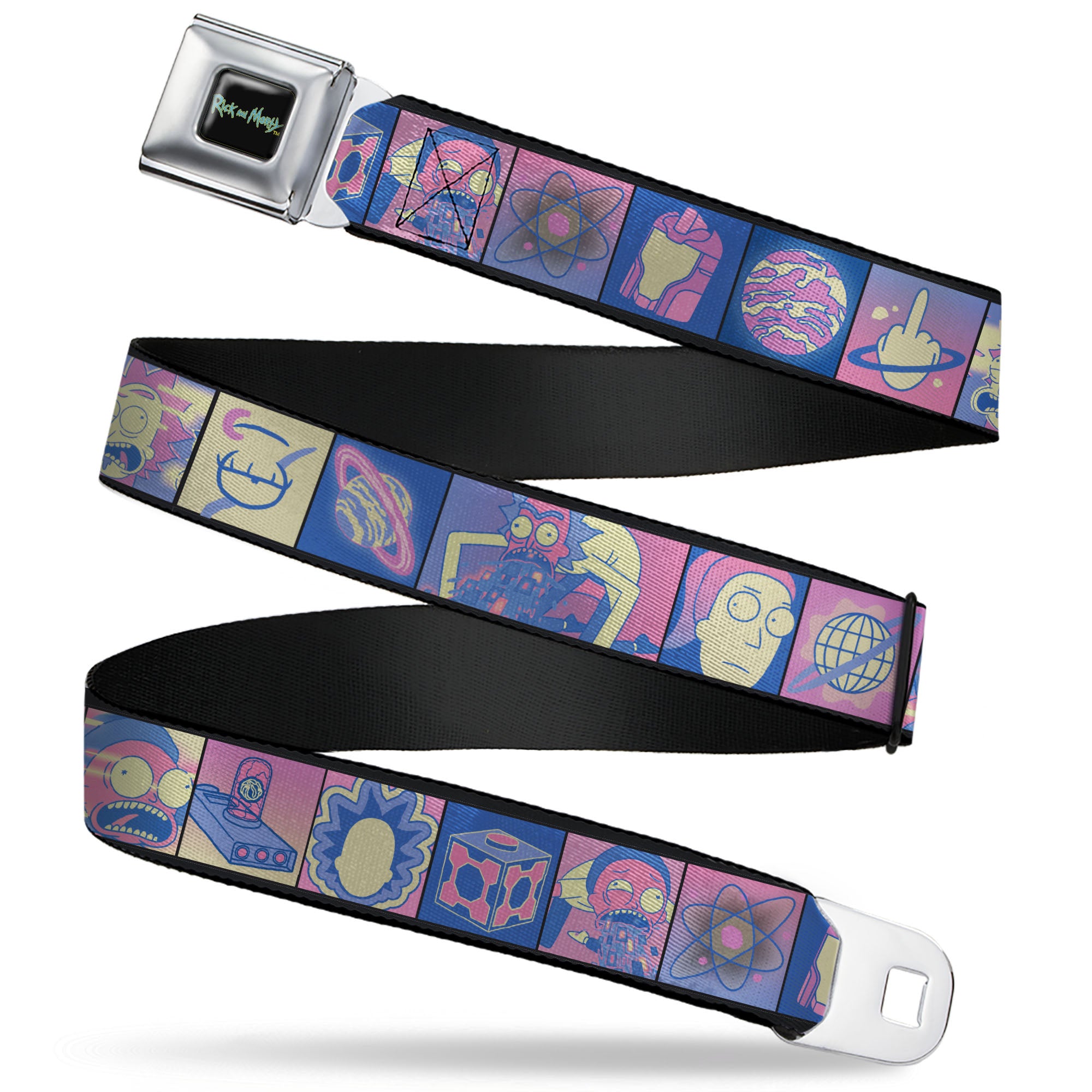 RICK AND MORTY Text Logo Full Color Black/Blue Seatbelt Belt - Rick and Morty Character Pose and Icon Blocks Pinks/Blues Webbing Seatbelt Belts Rick and Morty