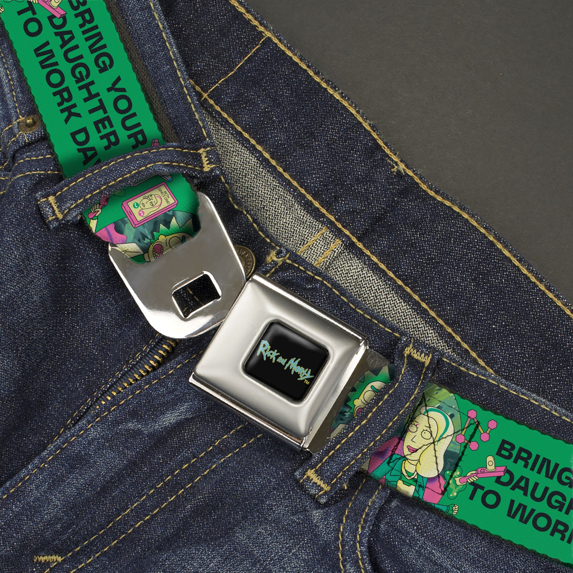 RICK AND MORTY Text Logo Full Color Black/Blue Seatbelt Belt - Rick with Beth BRING YOUR DAUGHTER TO WORK DAY Pose Greens Webbing Seatbelt Belts Rick and Morty