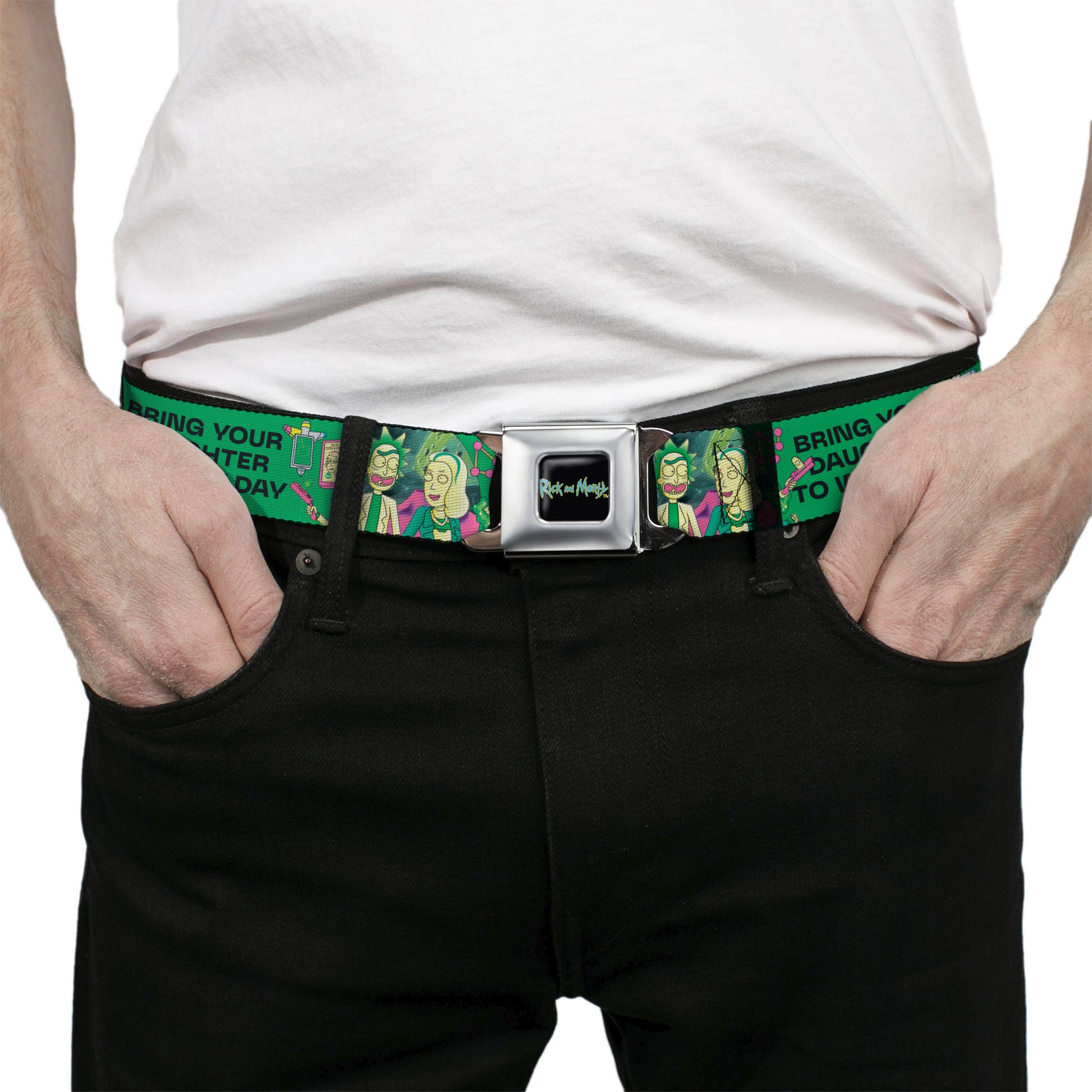 RICK AND MORTY Text Logo Full Color Black/Blue Seatbelt Belt - Rick with Beth BRING YOUR DAUGHTER TO WORK DAY Pose Greens Webbing Seatbelt Belts Rick and Morty