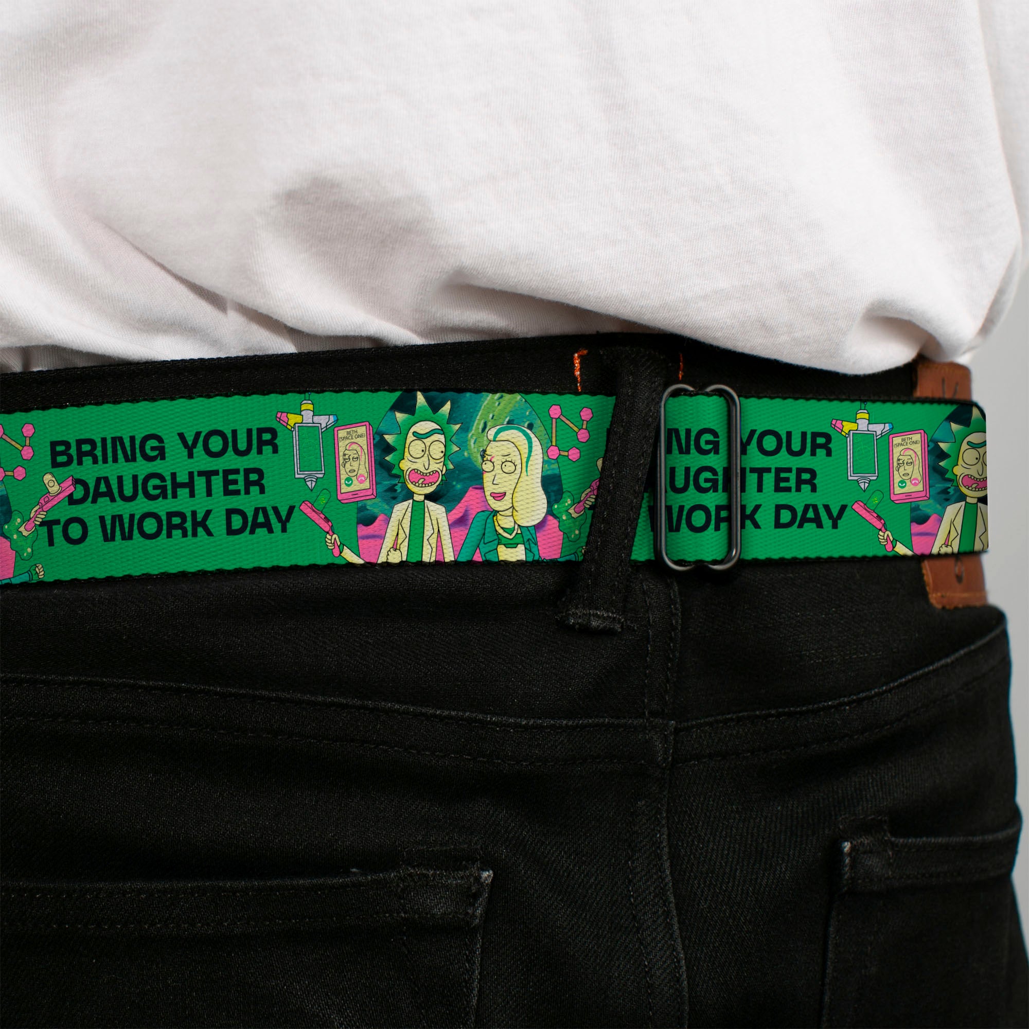 RICK AND MORTY Text Logo Full Color Black/Blue Seatbelt Belt - Rick with Beth BRING YOUR DAUGHTER TO WORK DAY Pose Greens Webbing Seatbelt Belts Rick and Morty