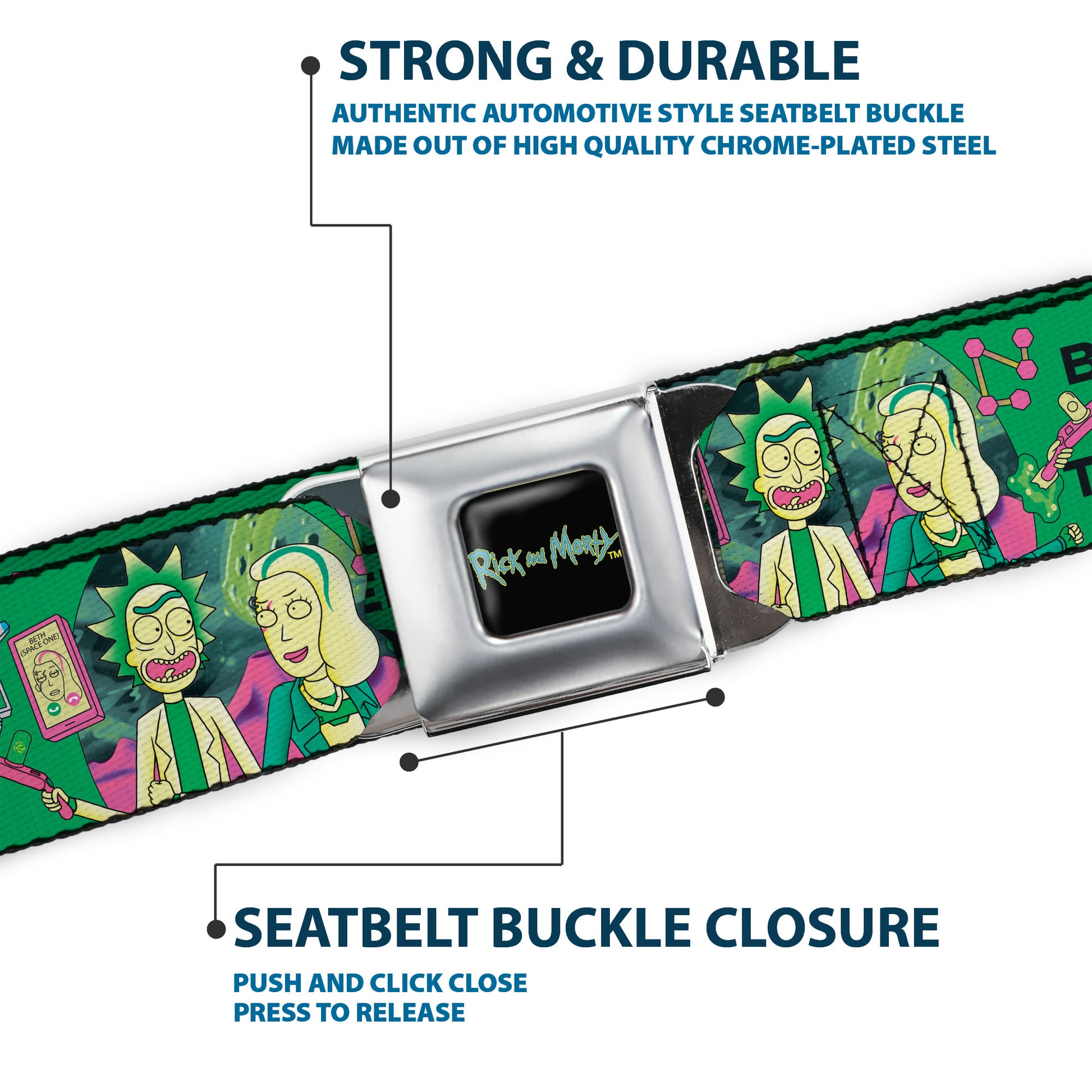RICK AND MORTY Text Logo Full Color Black/Blue Seatbelt Belt - Rick with Beth BRING YOUR DAUGHTER TO WORK DAY Pose Greens Webbing Seatbelt Belts Rick and Morty