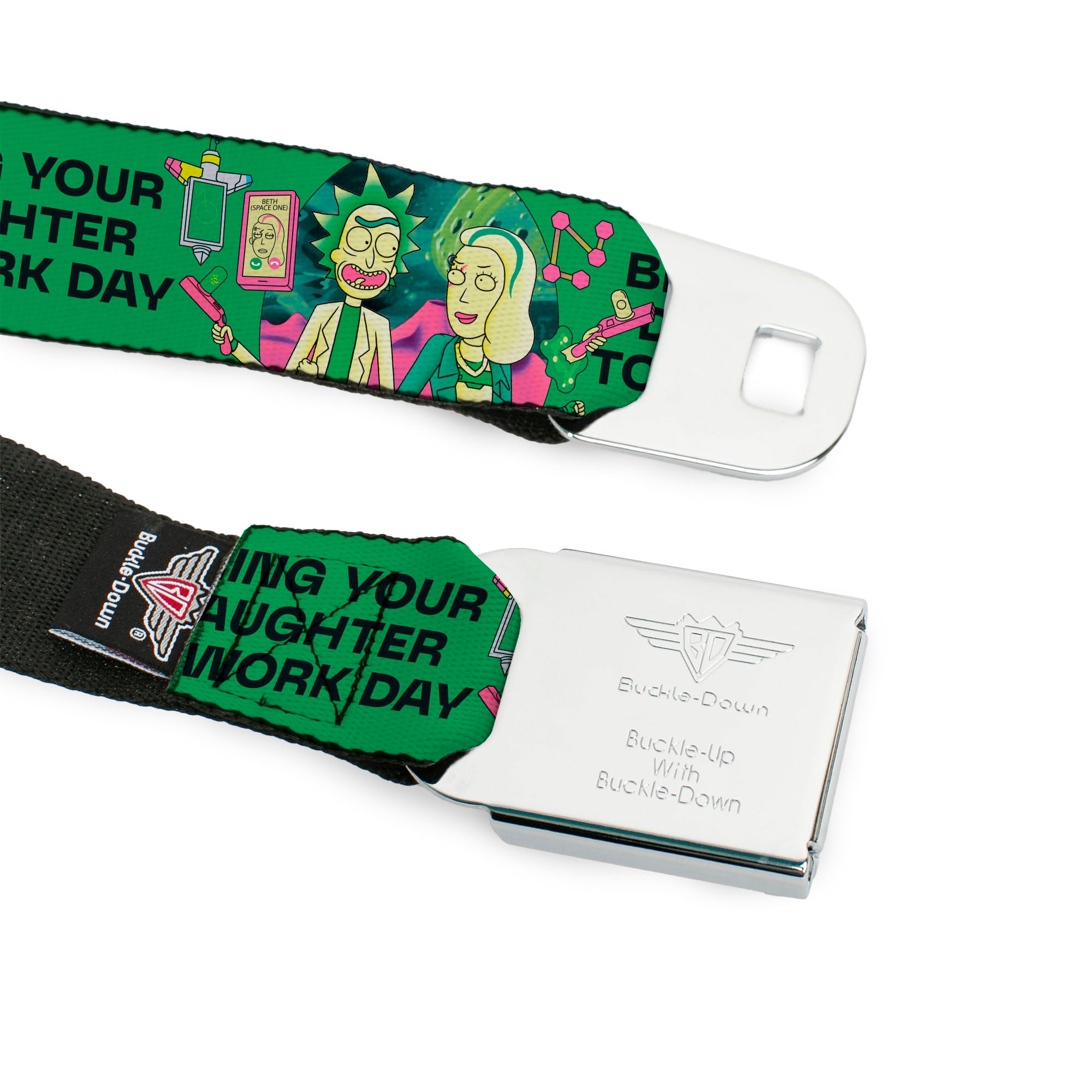 RICK AND MORTY Text Logo Full Color Black/Blue Seatbelt Belt - Rick with Beth BRING YOUR DAUGHTER TO WORK DAY Pose Greens Webbing Seatbelt Belts Rick and Morty