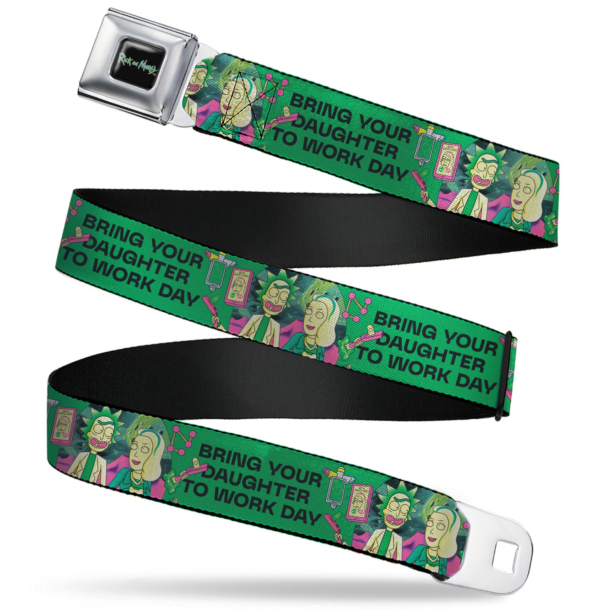 RICK AND MORTY Text Logo Full Color Black/Blue Seatbelt Belt - Rick with Beth BRING YOUR DAUGHTER TO WORK DAY Pose Greens Webbing Seatbelt Belts Rick and Morty