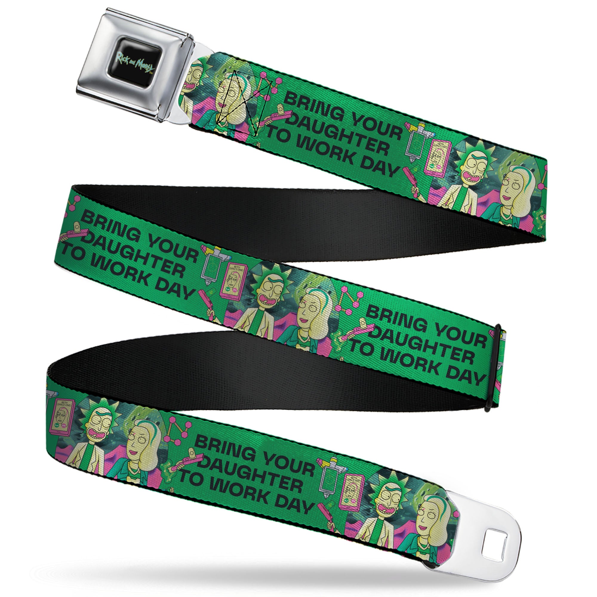 RICK AND MORTY Text Logo Full Color Black/Blue Seatbelt Belt - Rick with Beth BRING YOUR DAUGHTER TO WORK DAY Pose Greens Webbing Seatbelt Belts Rick and Morty