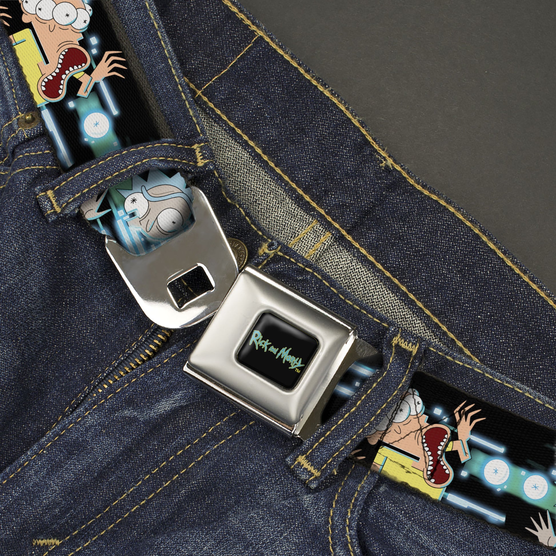 RICK AND MORTY Text Logo Full Color Black/Blue Seatbelt Belt - Rick and Morty Face Glitch Pose Black/Blues Webbing Seatbelt Belts Rick and Morty