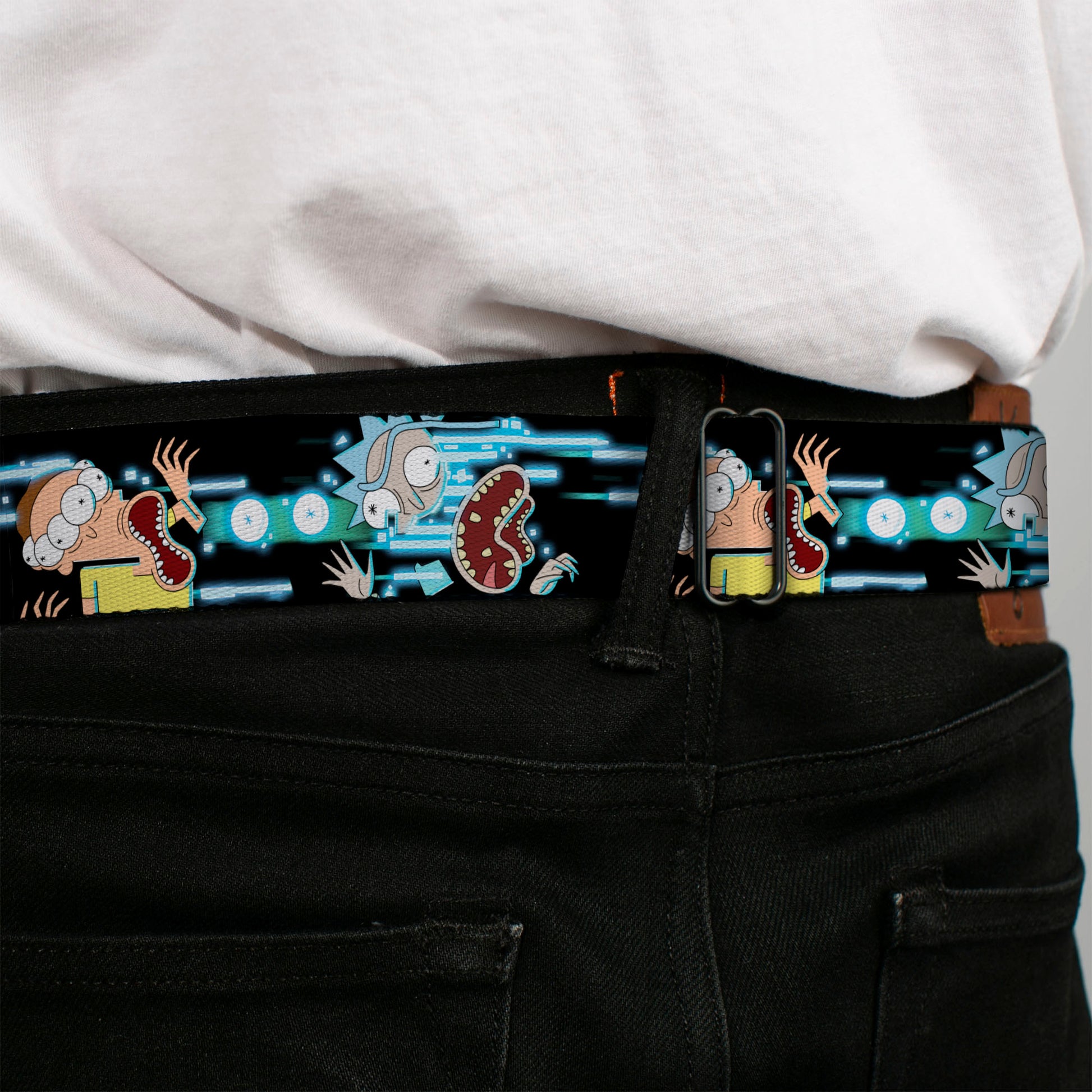 RICK AND MORTY Text Logo Full Color Black/Blue Seatbelt Belt - Rick and Morty Face Glitch Pose Black/Blues Webbing Seatbelt Belts Rick and Morty