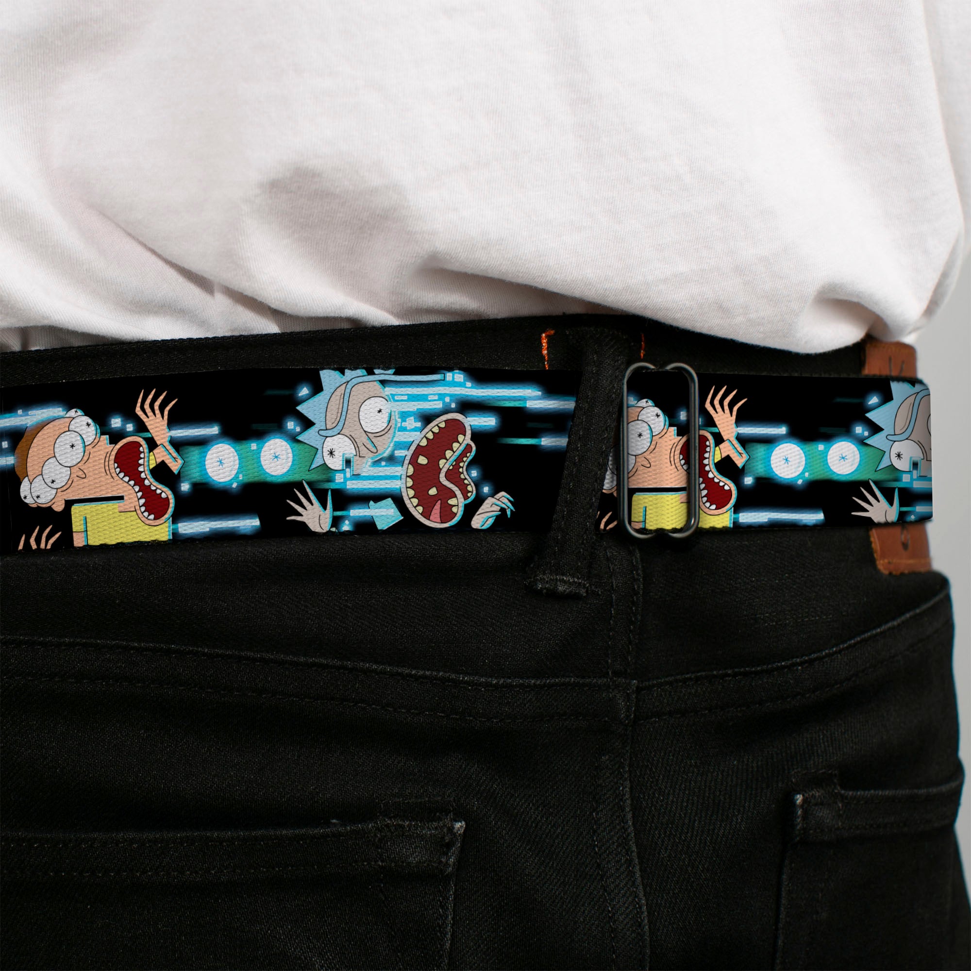 RICK AND MORTY Text Logo Full Color Black/Blue Seatbelt Belt - Rick and Morty Face Glitch Pose Black/Blues Webbing Seatbelt Belts Rick and Morty