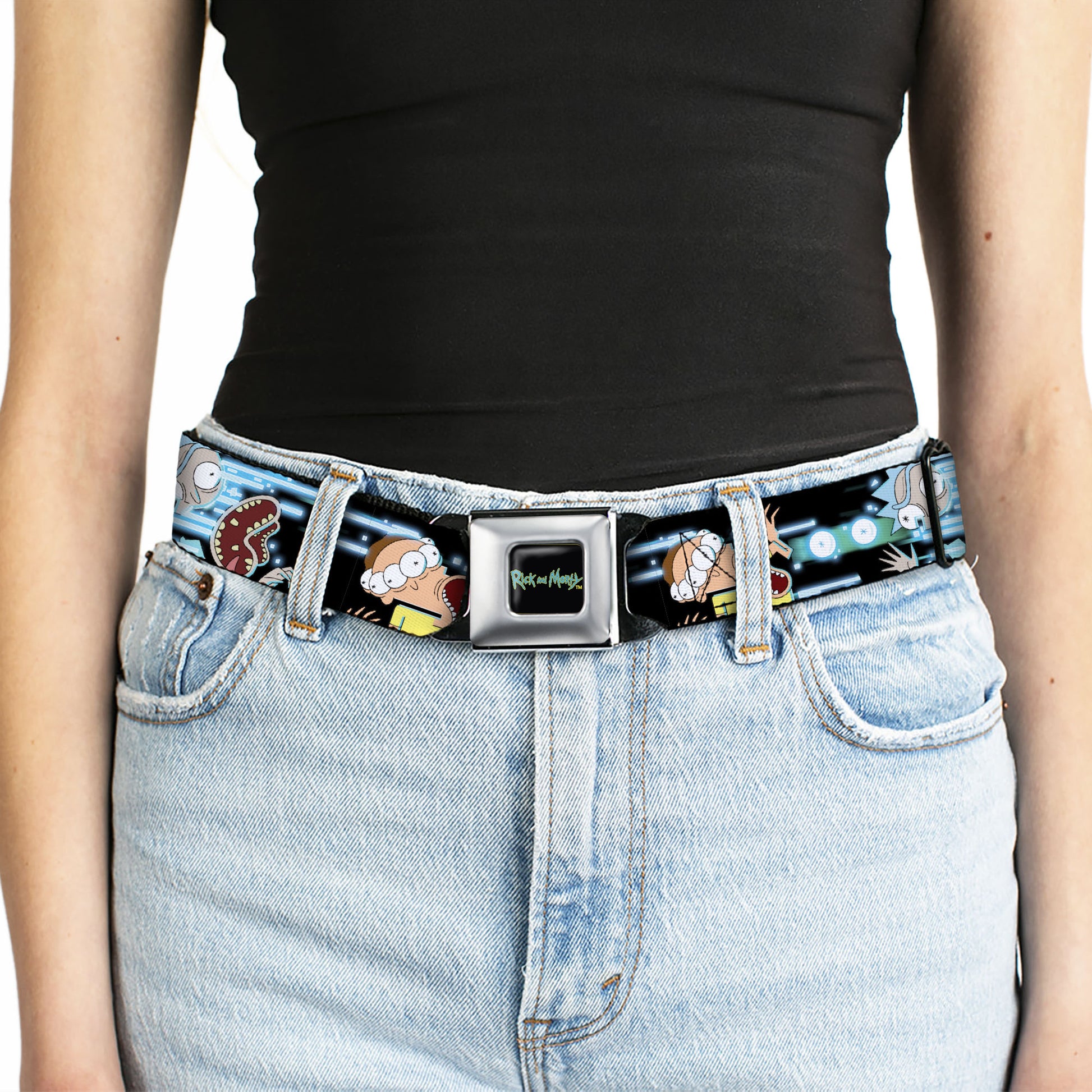 RICK AND MORTY Text Logo Full Color Black/Blue Seatbelt Belt - Rick and Morty Face Glitch Pose Black/Blues Webbing Seatbelt Belts Rick and Morty