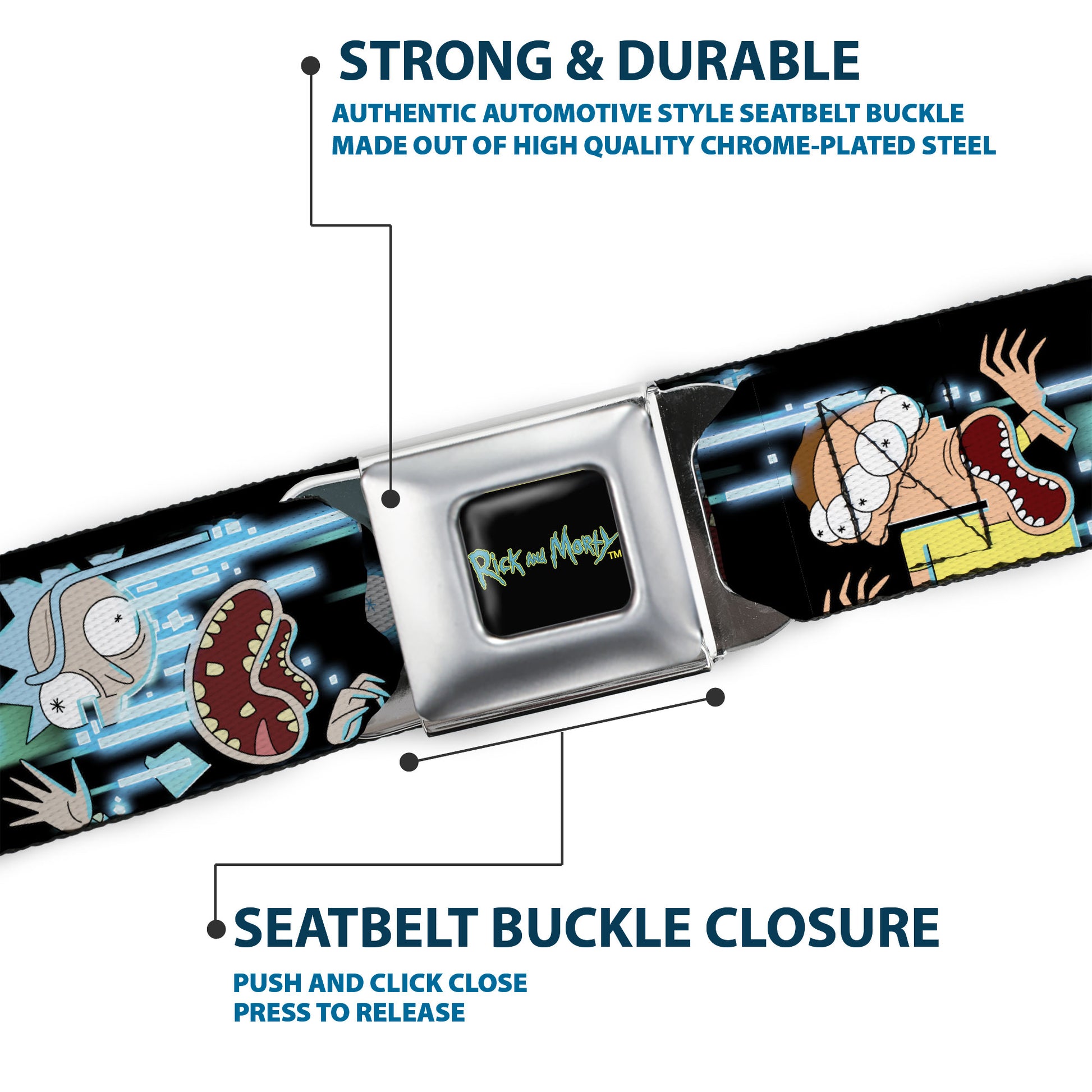 RICK AND MORTY Text Logo Full Color Black/Blue Seatbelt Belt - Rick and Morty Face Glitch Pose Black/Blues Webbing Seatbelt Belts Rick and Morty
