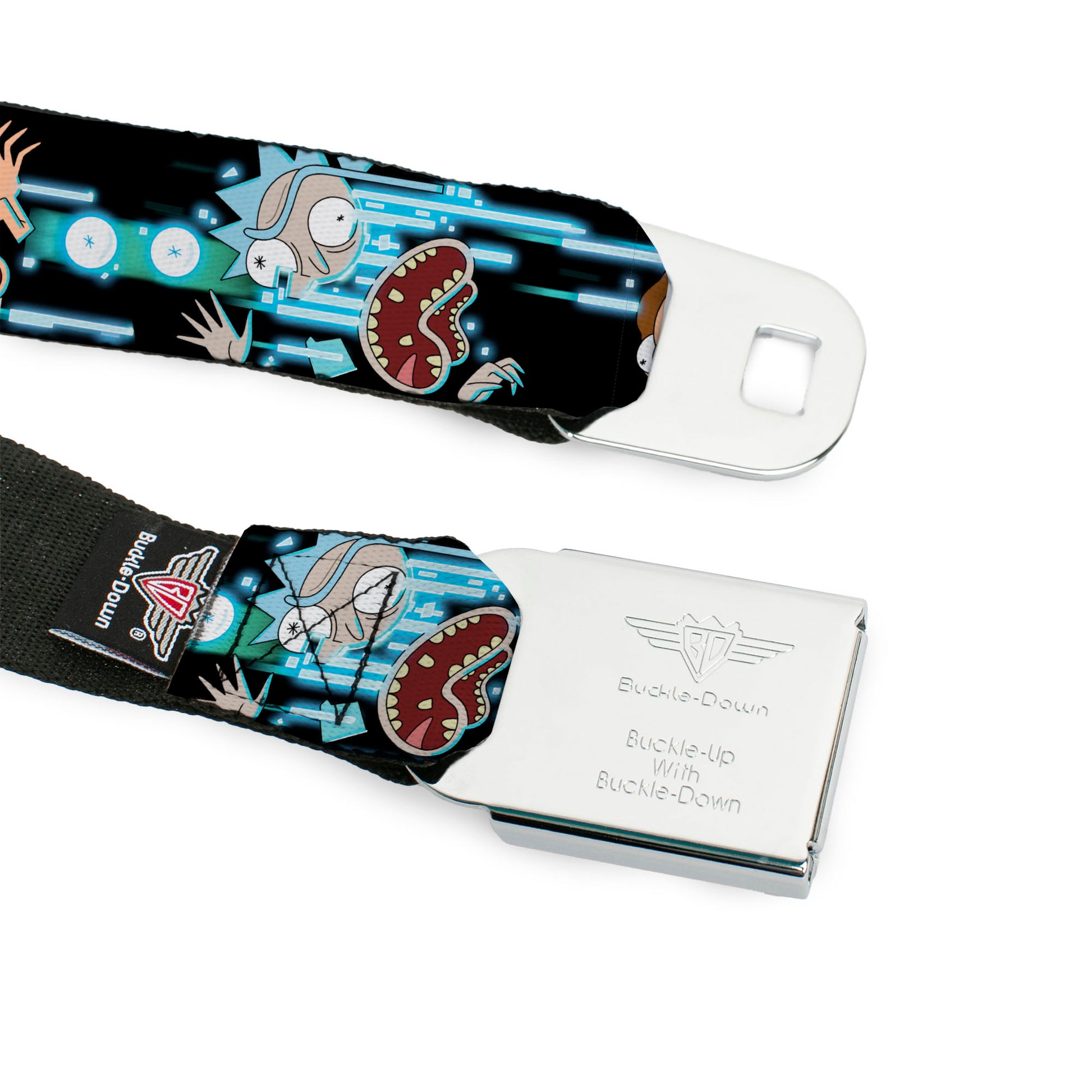 RICK AND MORTY Text Logo Full Color Black/Blue Seatbelt Belt - Rick and Morty Face Glitch Pose Black/Blues Webbing Seatbelt Belts Rick and Morty