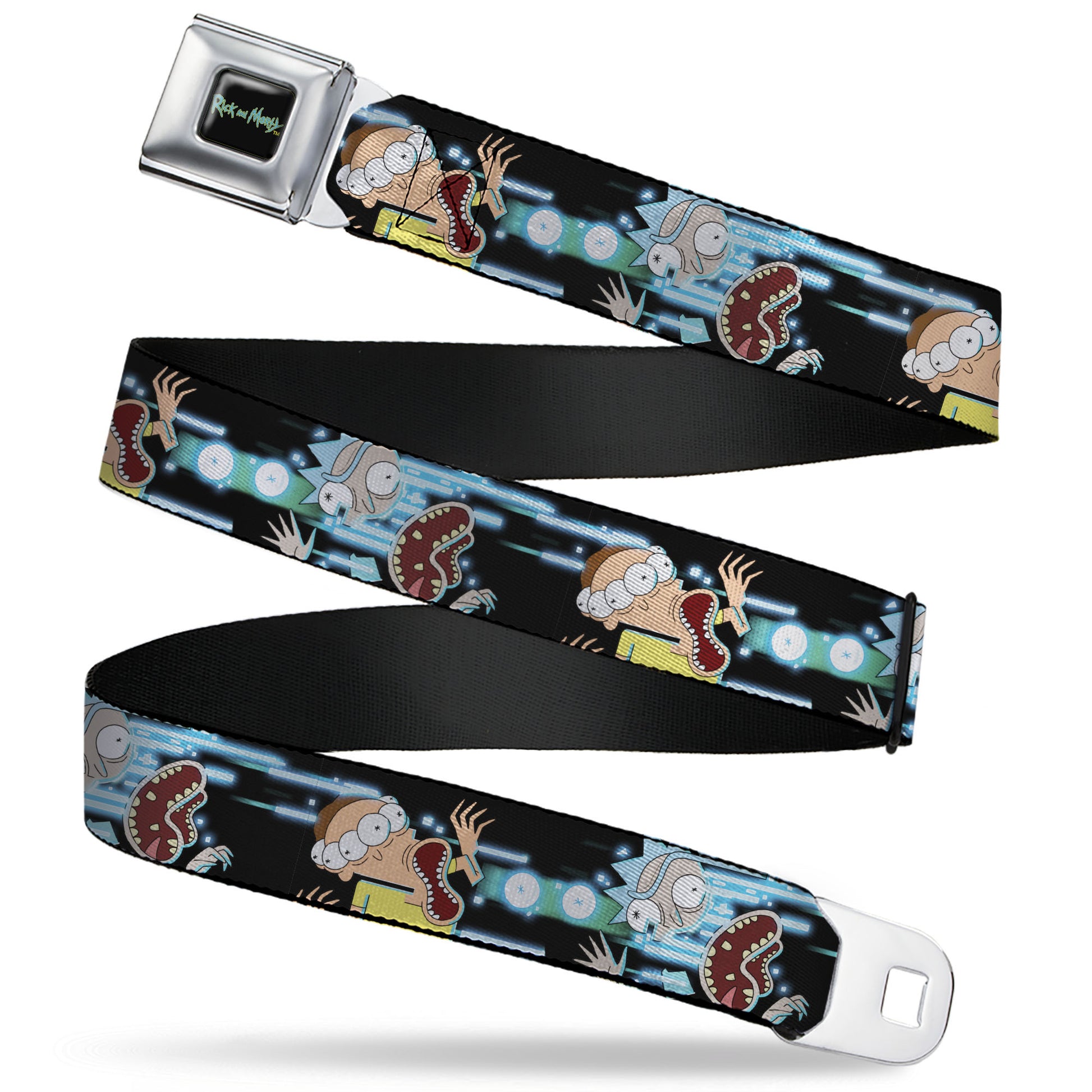 RICK AND MORTY Text Logo Full Color Black/Blue Seatbelt Belt - Rick and Morty Face Glitch Pose Black/Blues Webbing Seatbelt Belts Rick and Morty