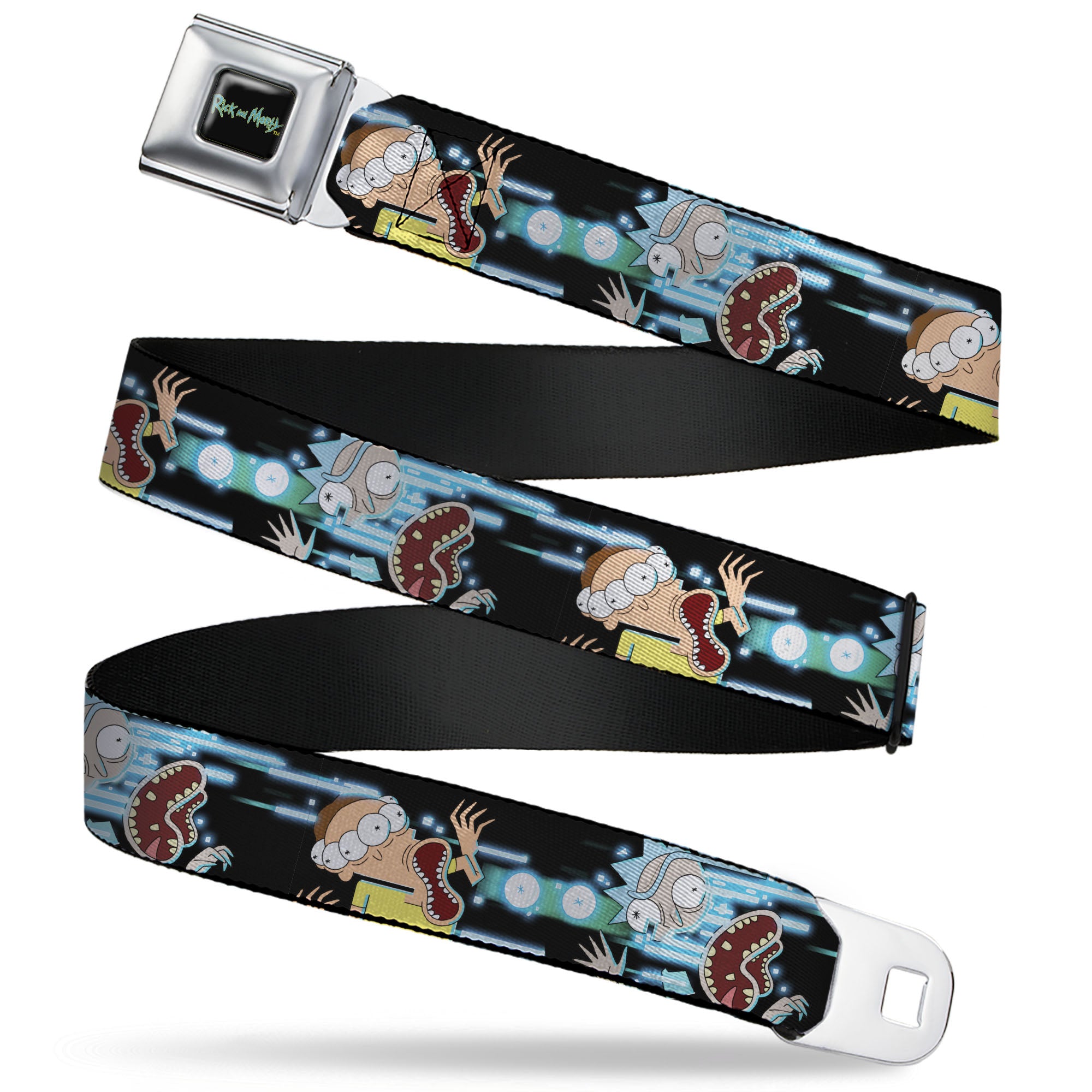 RICK AND MORTY Text Logo Full Color Black/Blue Seatbelt Belt - Rick and Morty Face Glitch Pose Black/Blues Webbing Seatbelt Belts Rick and Morty