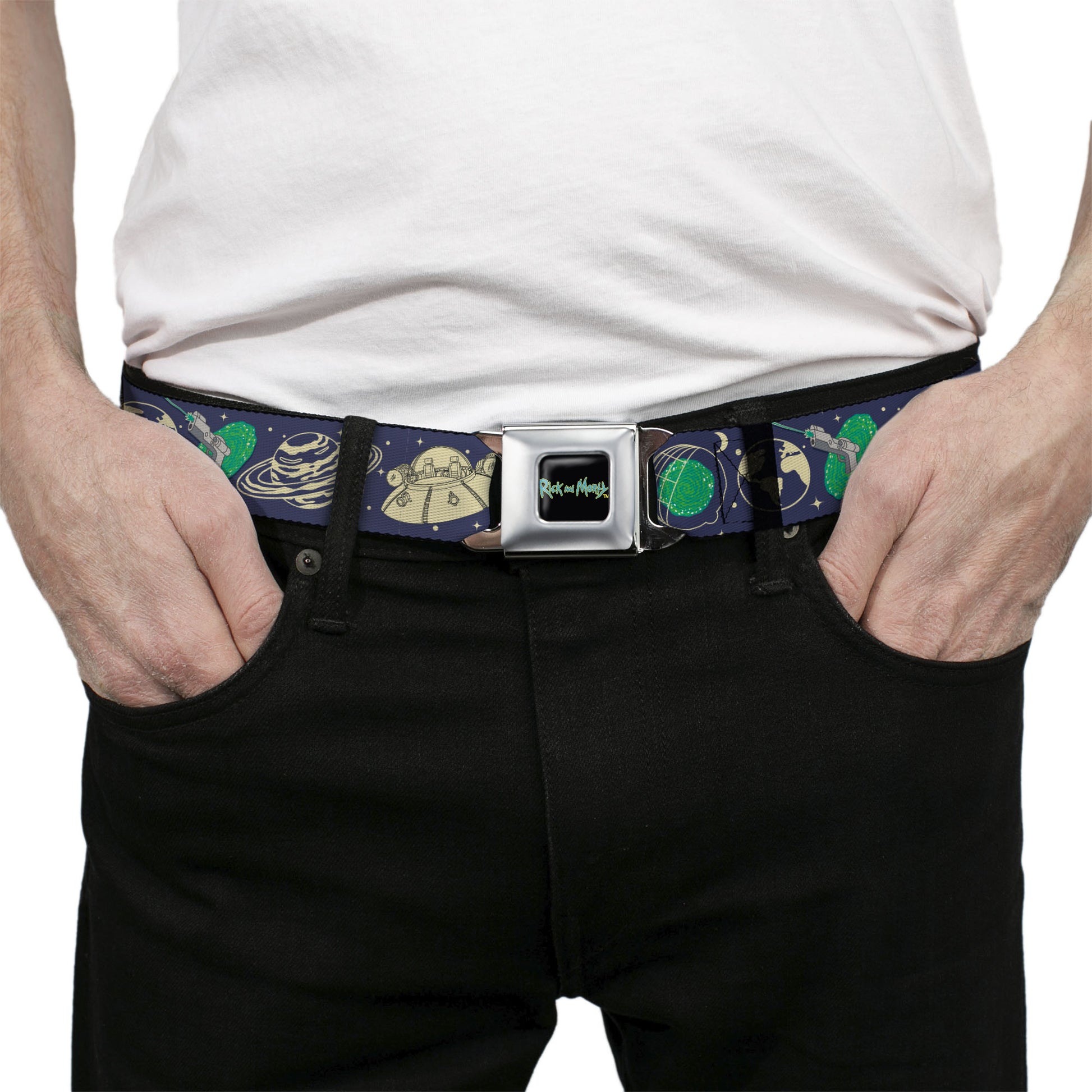 RICK AND MORTY Text Logo Full Color Black/Blue Seatbelt Belt - Rick and Morty Portal and Space Icons Collage Blue/Beige/Greens Webbing Seatbelt Belts Rick and Morty