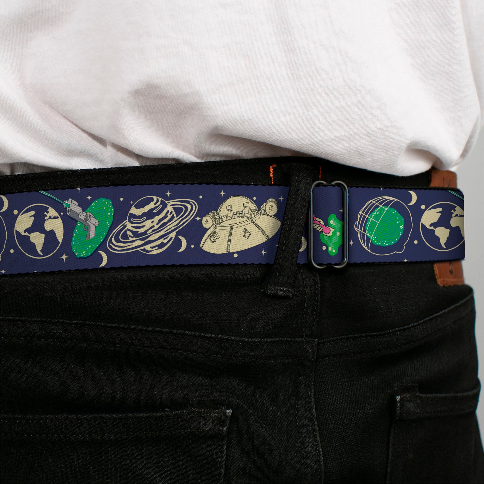 RICK AND MORTY Text Logo Full Color Black/Blue Seatbelt Belt - Rick and Morty Portal and Space Icons Collage Blue/Beige/Greens Webbing Seatbelt Belts Rick and Morty