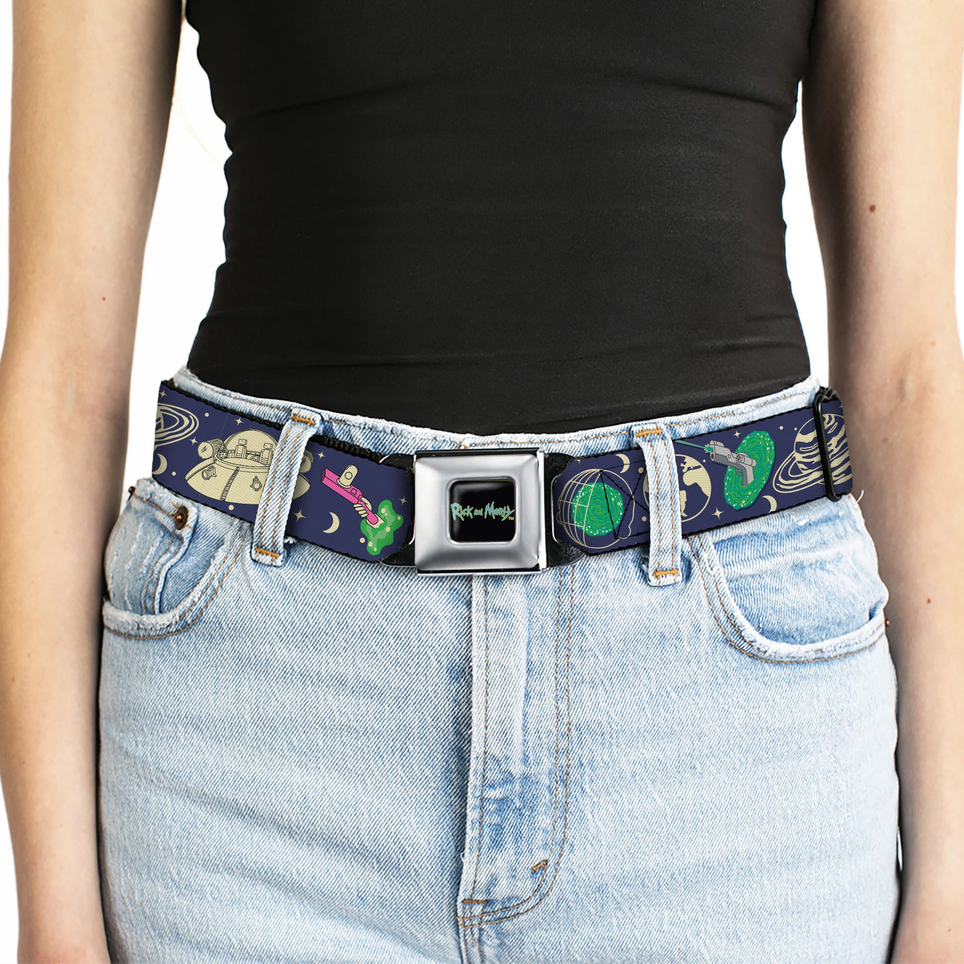 RICK AND MORTY Text Logo Full Color Black/Blue Seatbelt Belt - Rick and Morty Portal and Space Icons Collage Blue/Beige/Greens Webbing Seatbelt Belts Rick and Morty