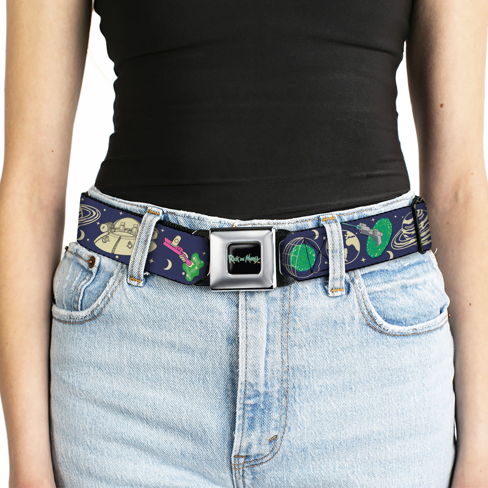 RICK AND MORTY Text Logo Full Color Black/Blue Seatbelt Belt - Rick and Morty Portal and Space Icons Collage Blue/Beige/Greens Webbing Seatbelt Belts Rick and Morty