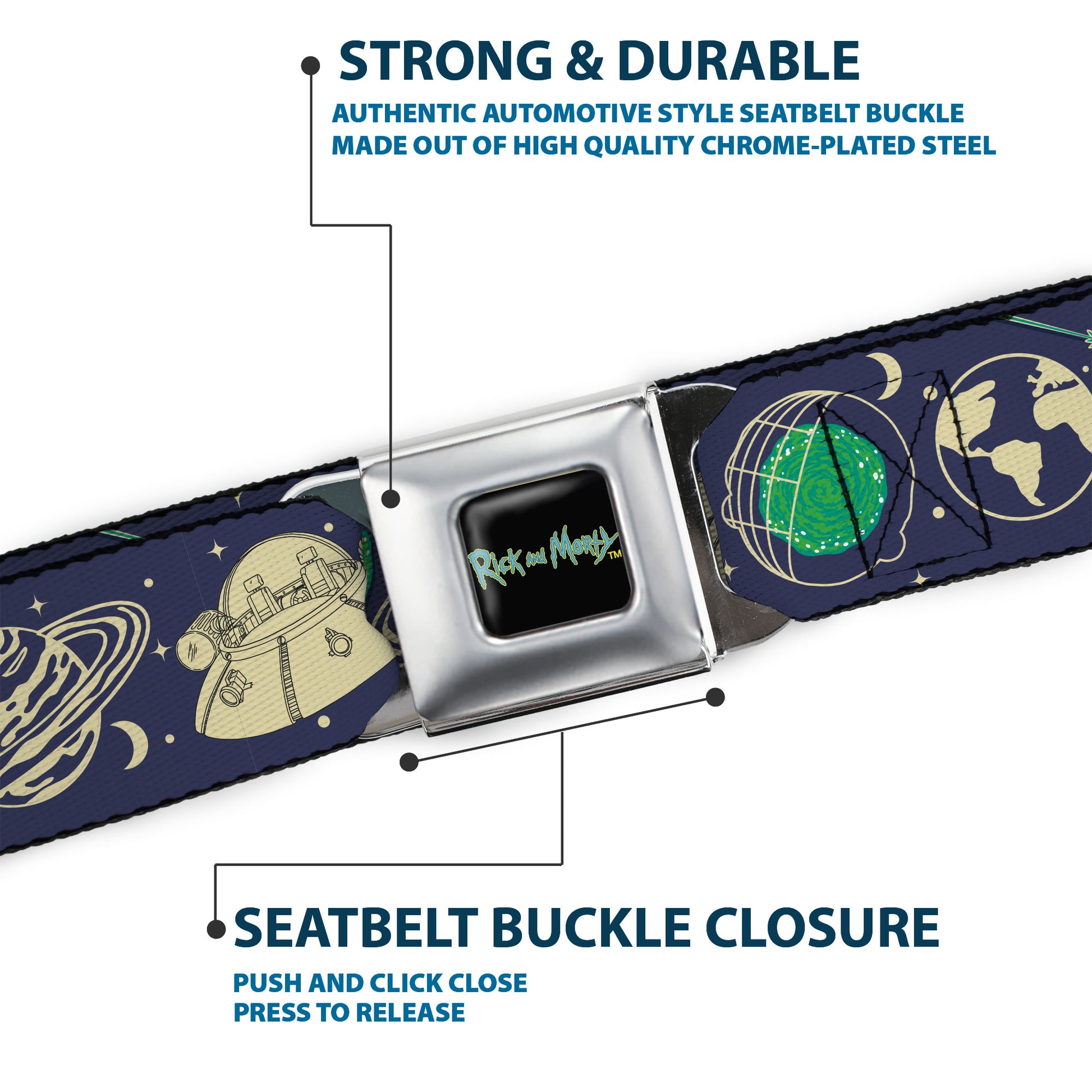 RICK AND MORTY Text Logo Full Color Black/Blue Seatbelt Belt - Rick and Morty Portal and Space Icons Collage Blue/Beige/Greens Webbing Seatbelt Belts Rick and Morty