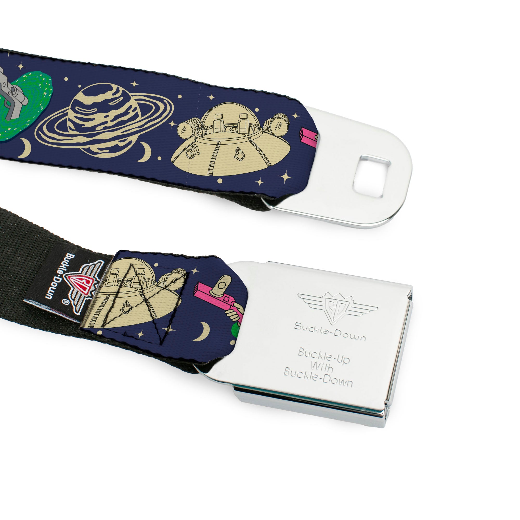 RICK AND MORTY Text Logo Full Color Black/Blue Seatbelt Belt - Rick and Morty Portal and Space Icons Collage Blue/Beige/Greens Webbing Seatbelt Belts Rick and Morty
