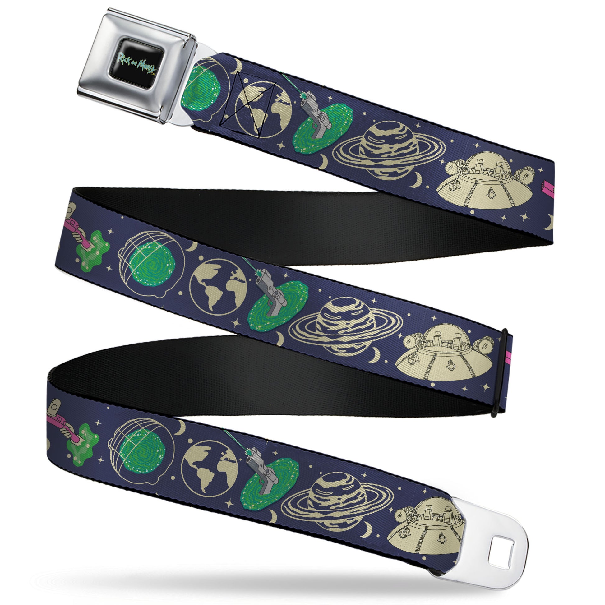 RICK AND MORTY Text Logo Full Color Black/Blue Seatbelt Belt - Rick and Morty Portal and Space Icons Collage Blue/Beige/Greens Webbing Seatbelt Belts Rick and Morty