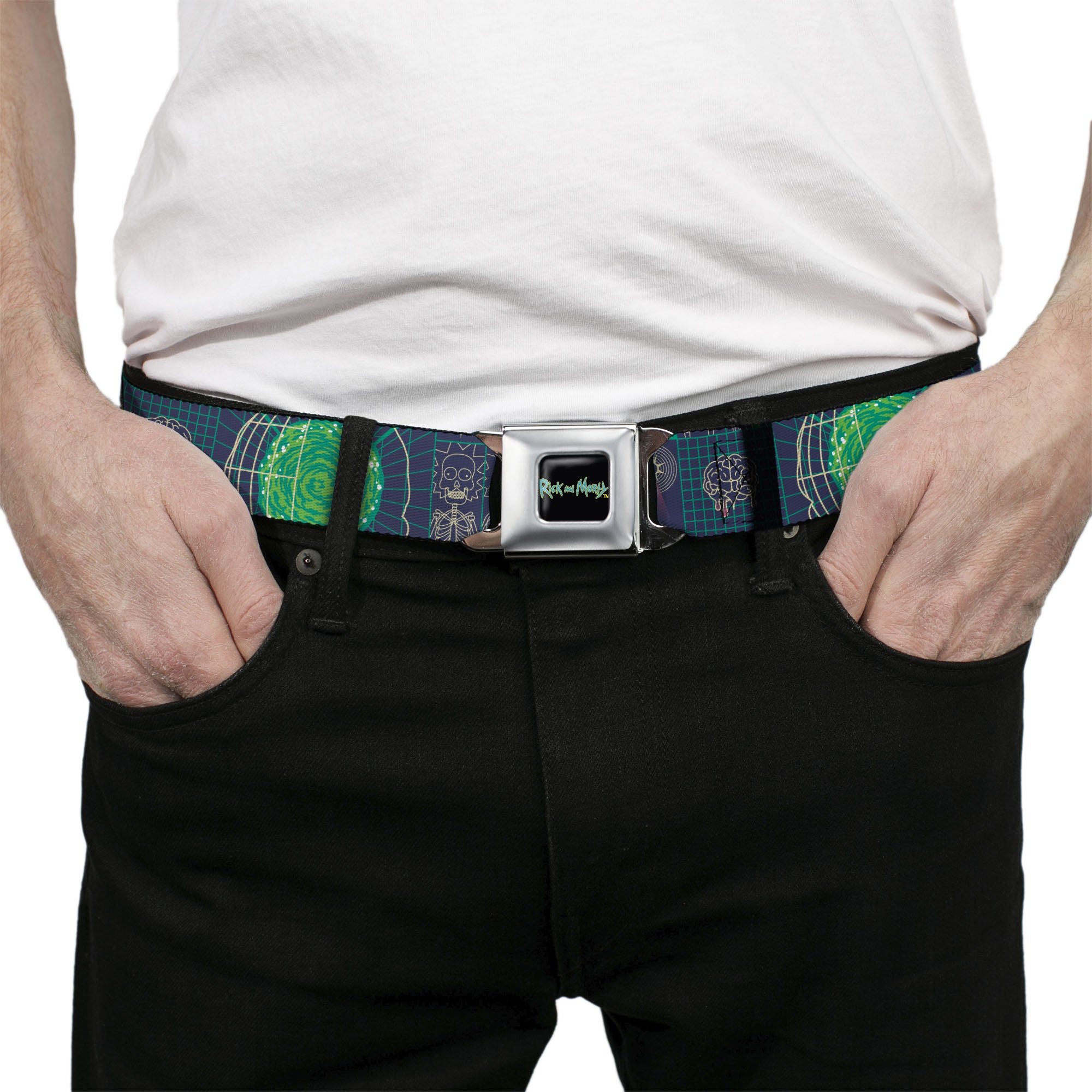 RICK AND MORTY Text Logo Full Color Black/Blue Seatbelt Belt - Rick and Morty Dimensional Portal Icons Collage Navy/Greens Webbing Seatbelt Belts Rick and Morty