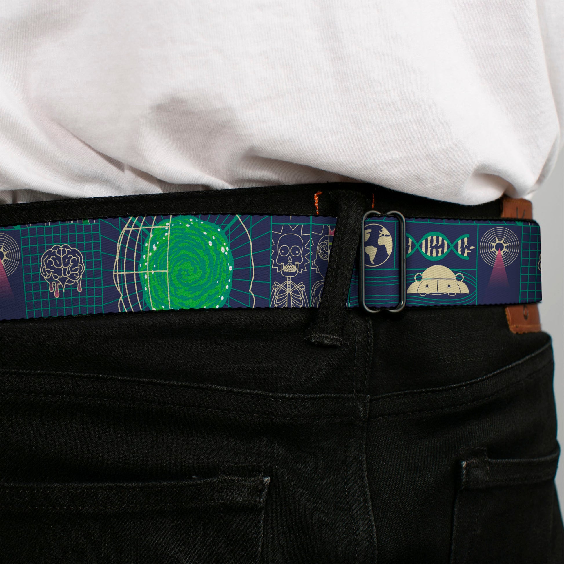 RICK AND MORTY Text Logo Full Color Black/Blue Seatbelt Belt - Rick and Morty Dimensional Portal Icons Collage Navy/Greens Webbing Seatbelt Belts Rick and Morty