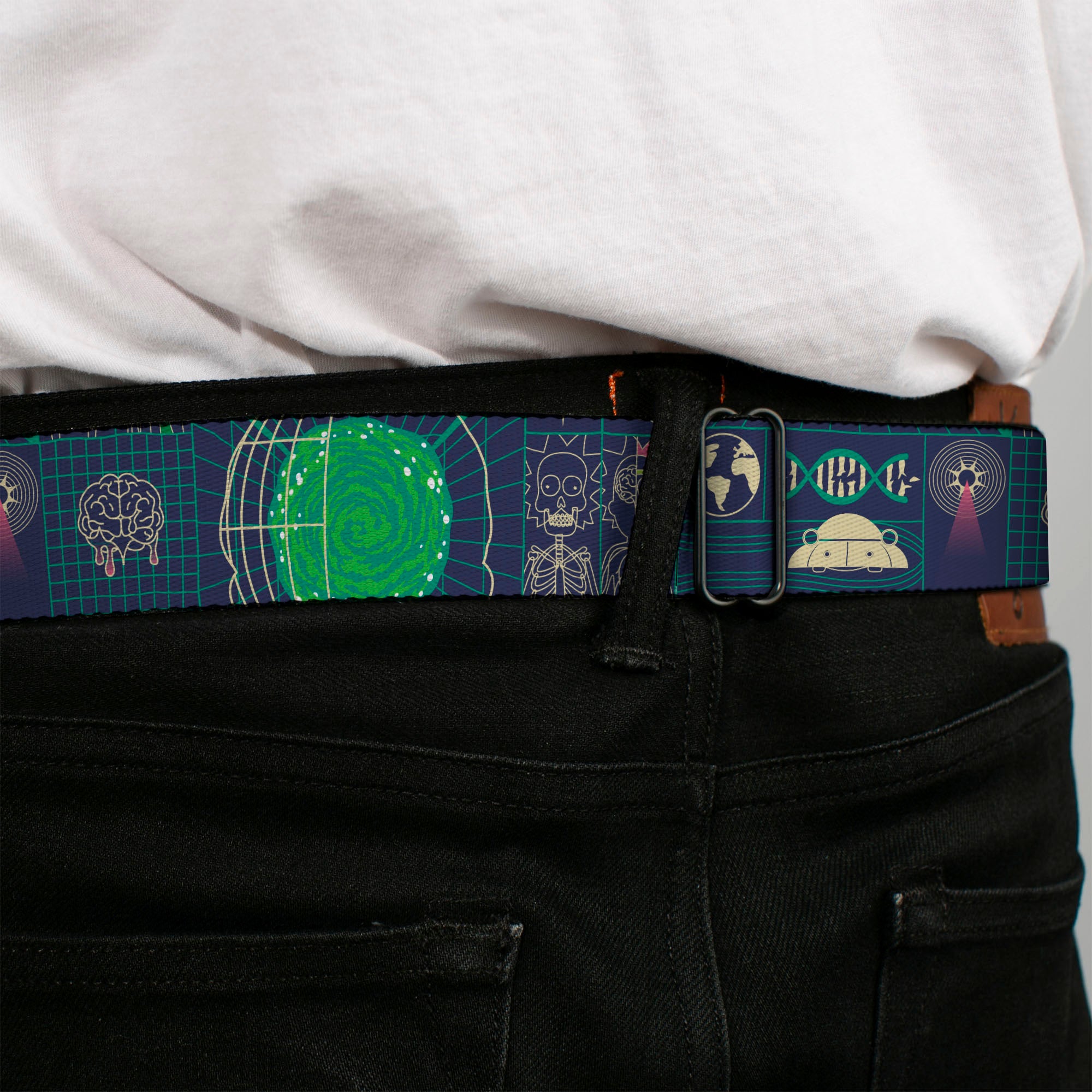 RICK AND MORTY Text Logo Full Color Black/Blue Seatbelt Belt - Rick and Morty Dimensional Portal Icons Collage Navy/Greens Webbing Seatbelt Belts Rick and Morty