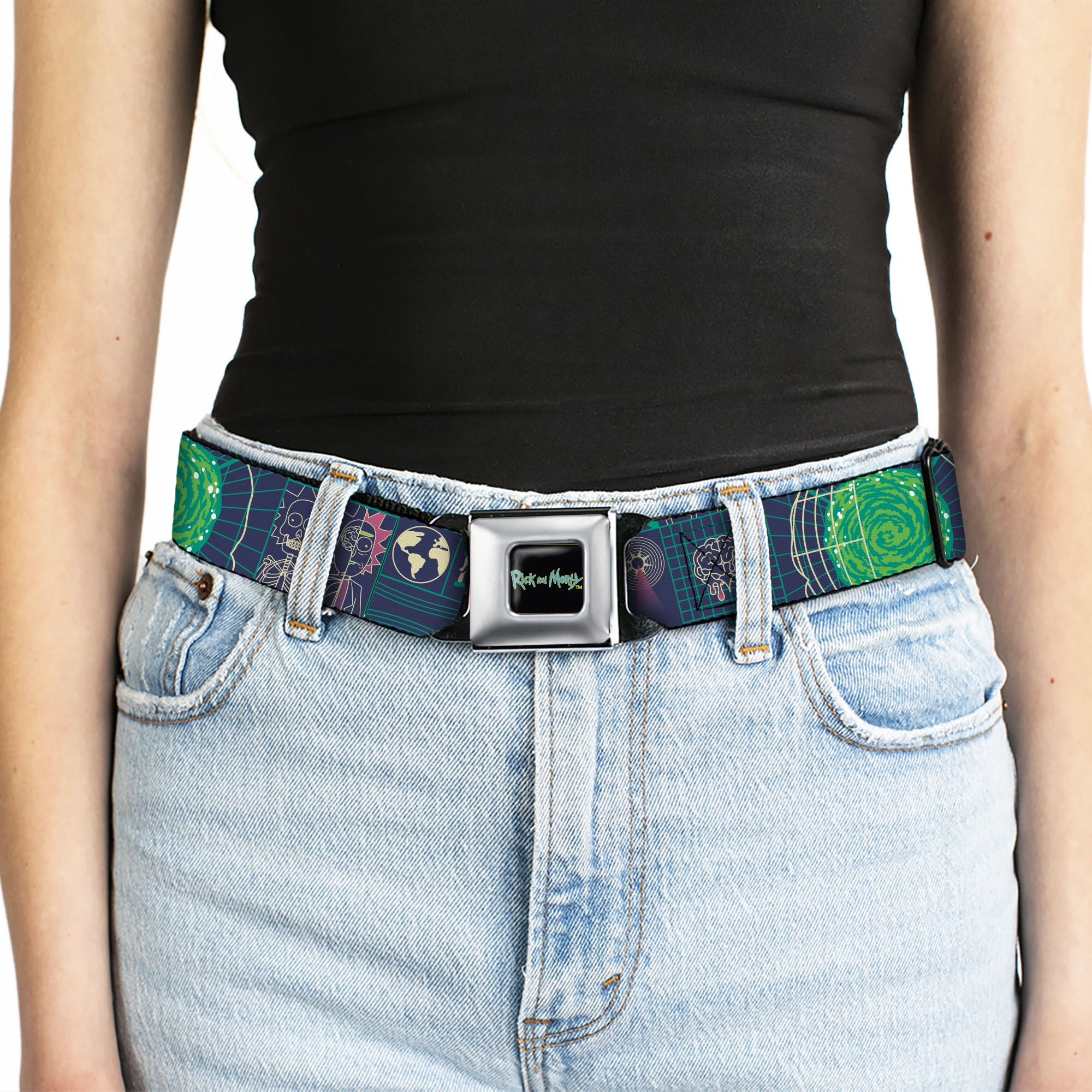 RICK AND MORTY Text Logo Full Color Black/Blue Seatbelt Belt - Rick and Morty Dimensional Portal Icons Collage Navy/Greens Webbing Seatbelt Belts Rick and Morty