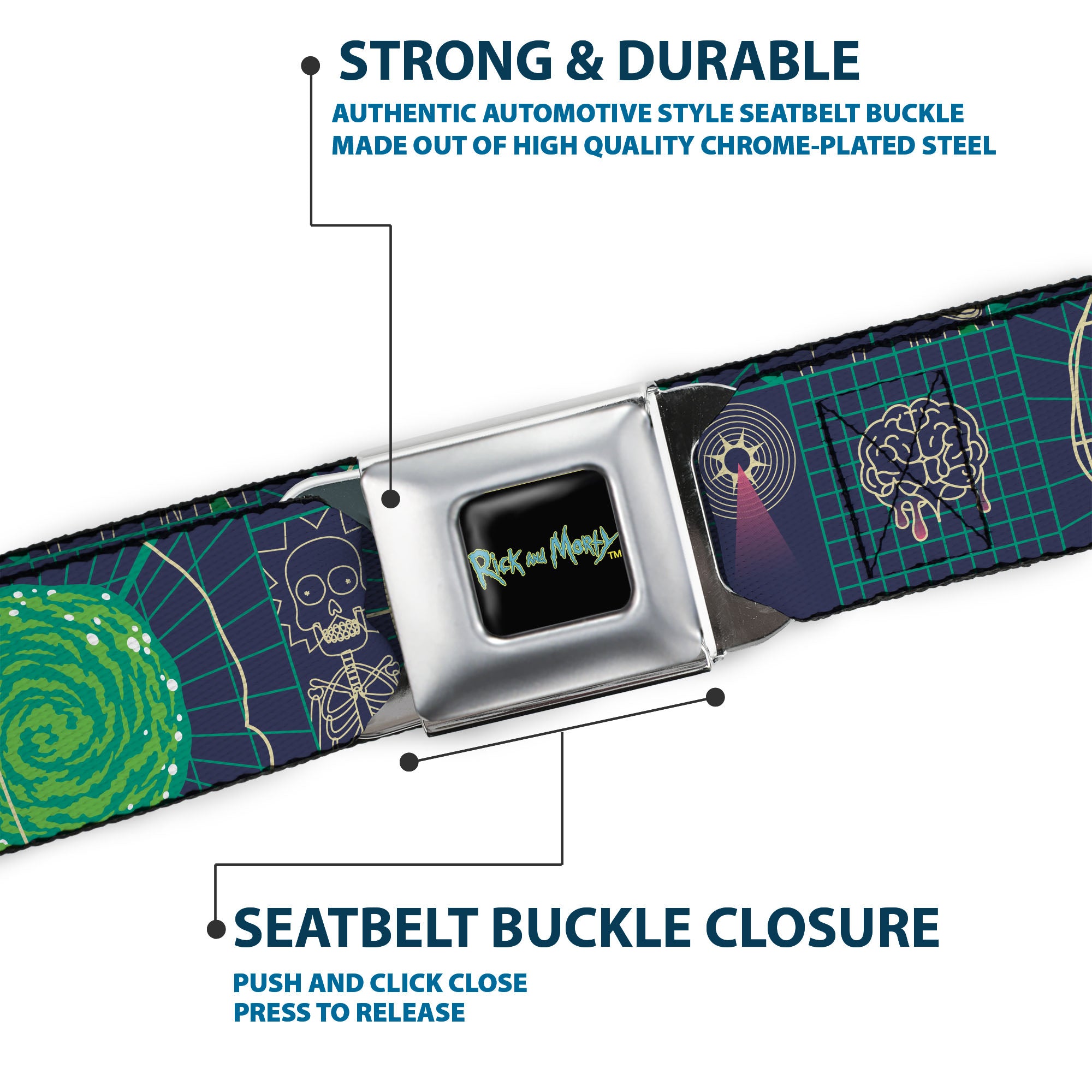 RICK AND MORTY Text Logo Full Color Black/Blue Seatbelt Belt - Rick and Morty Dimensional Portal Icons Collage Navy/Greens Webbing Seatbelt Belts Rick and Morty