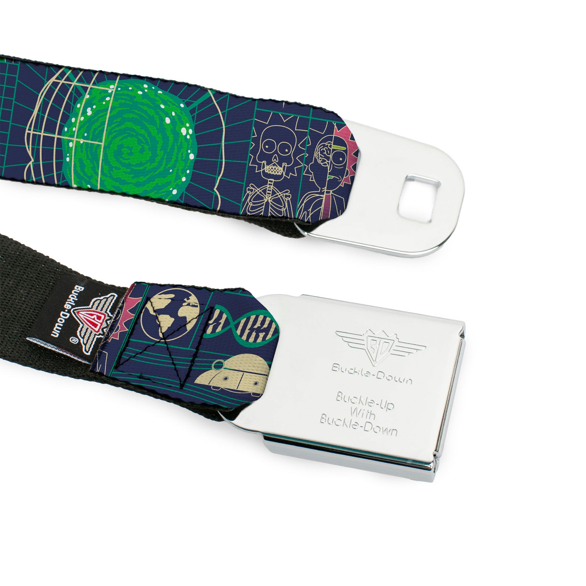 RICK AND MORTY Text Logo Full Color Black/Blue Seatbelt Belt - Rick and Morty Dimensional Portal Icons Collage Navy/Greens Webbing Seatbelt Belts Rick and Morty