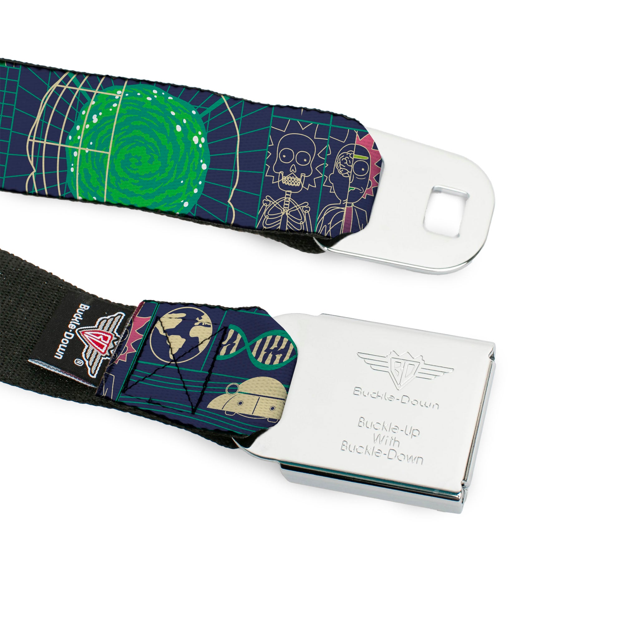 RICK AND MORTY Text Logo Full Color Black/Blue Seatbelt Belt - Rick and Morty Dimensional Portal Icons Collage Navy/Greens Webbing Seatbelt Belts Rick and Morty