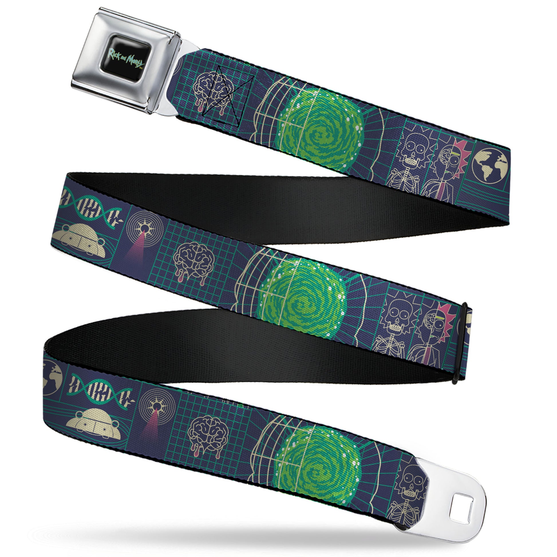 RICK AND MORTY Text Logo Full Color Black/Blue Seatbelt Belt - Rick and Morty Dimensional Portal Icons Collage Navy/Greens Webbing Seatbelt Belts Rick and Morty
