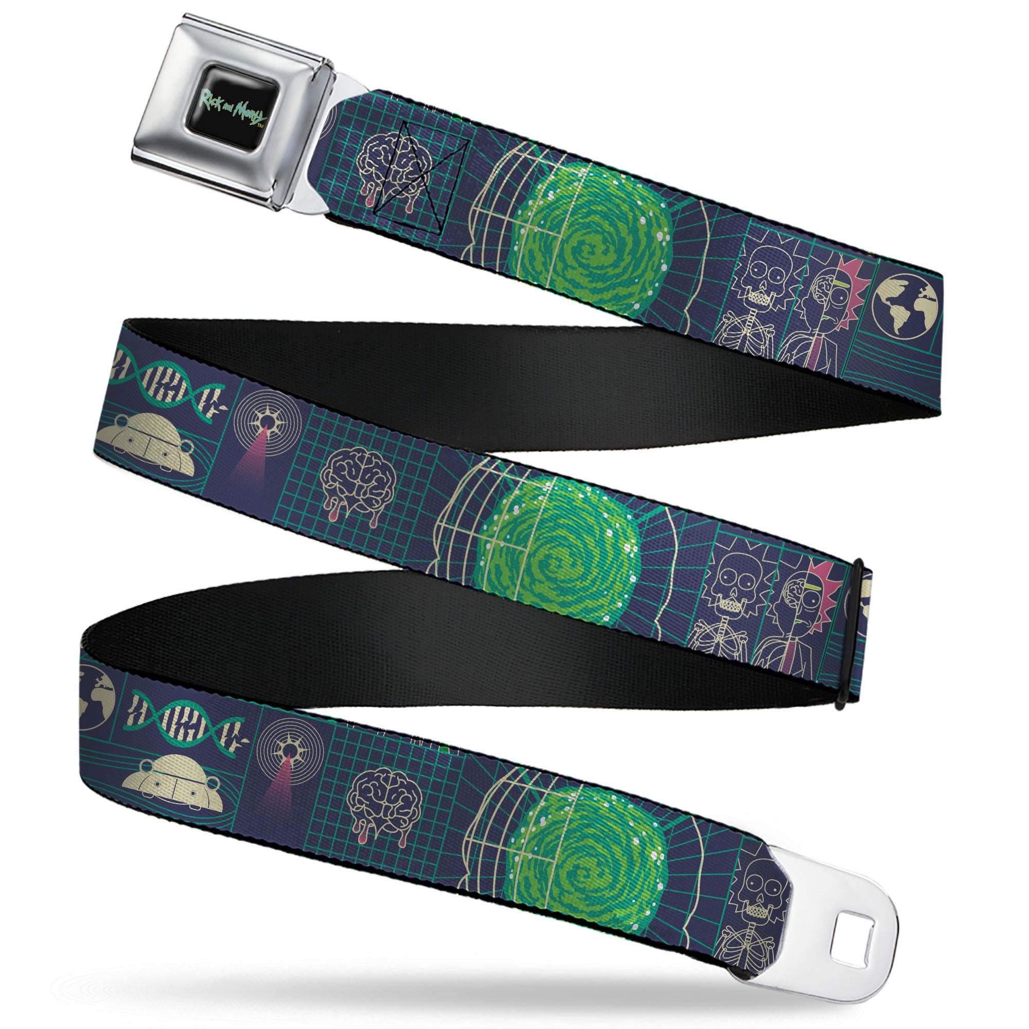 RICK AND MORTY Text Logo Full Color Black/Blue Seatbelt Belt - Rick and Morty Dimensional Portal Icons Collage Navy/Greens Webbing Seatbelt Belts Rick and Morty
