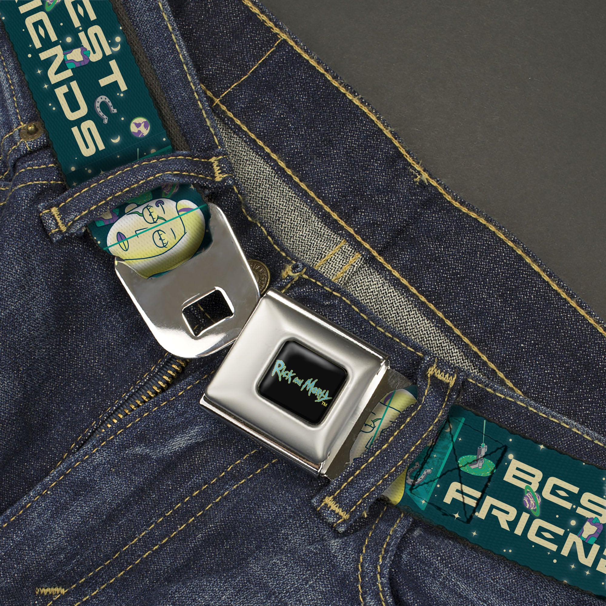 RICK AND MORTY Text Logo Full Color Black/Blue Seatbelt Belt - Rick and Morty Space Beth BEST FRIENDS Split Pose BlueGreens Webbing Seatbelt Belts Rick and Morty