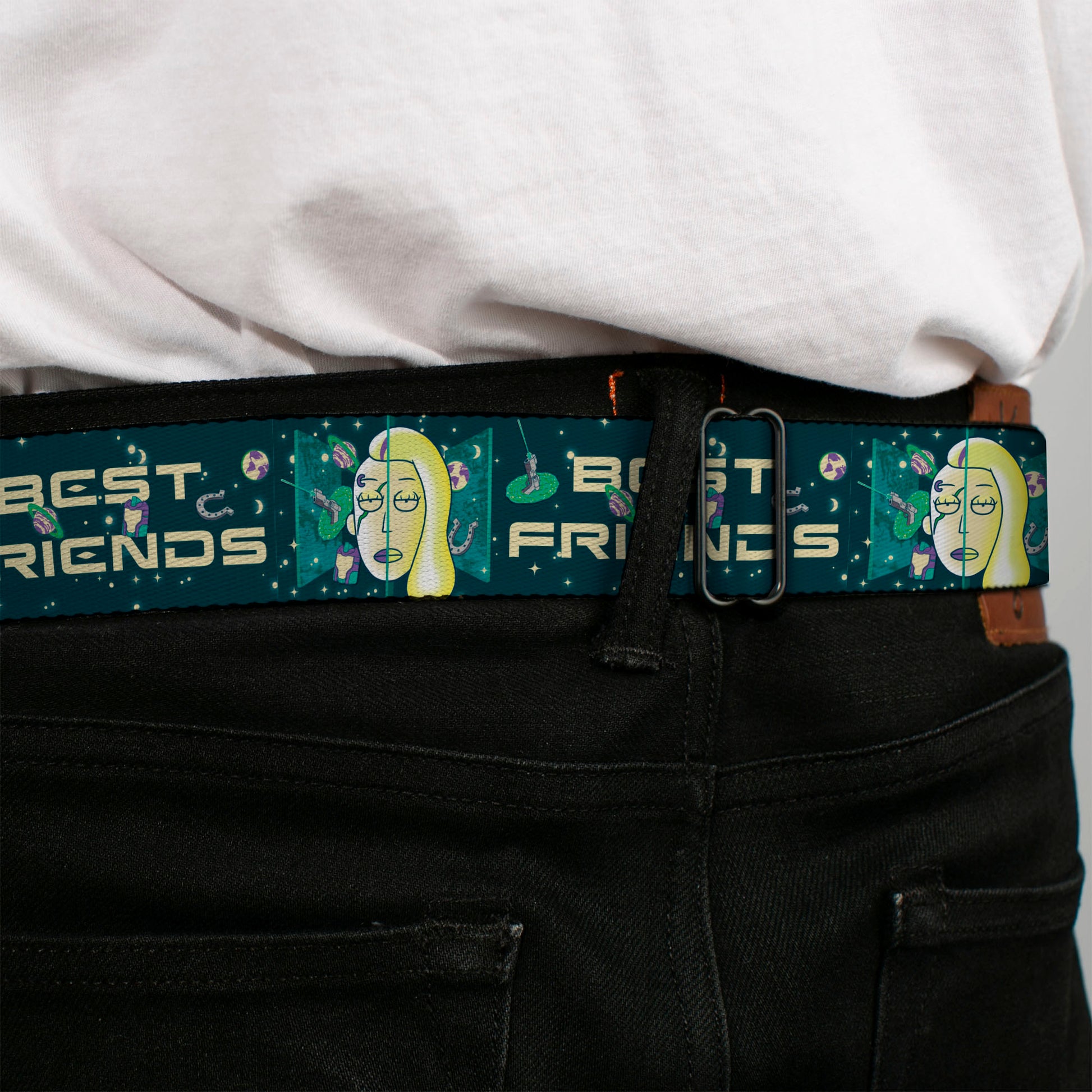 RICK AND MORTY Text Logo Full Color Black/Blue Seatbelt Belt - Rick and Morty Space Beth BEST FRIENDS Split Pose BlueGreens Webbing Seatbelt Belts Rick and Morty