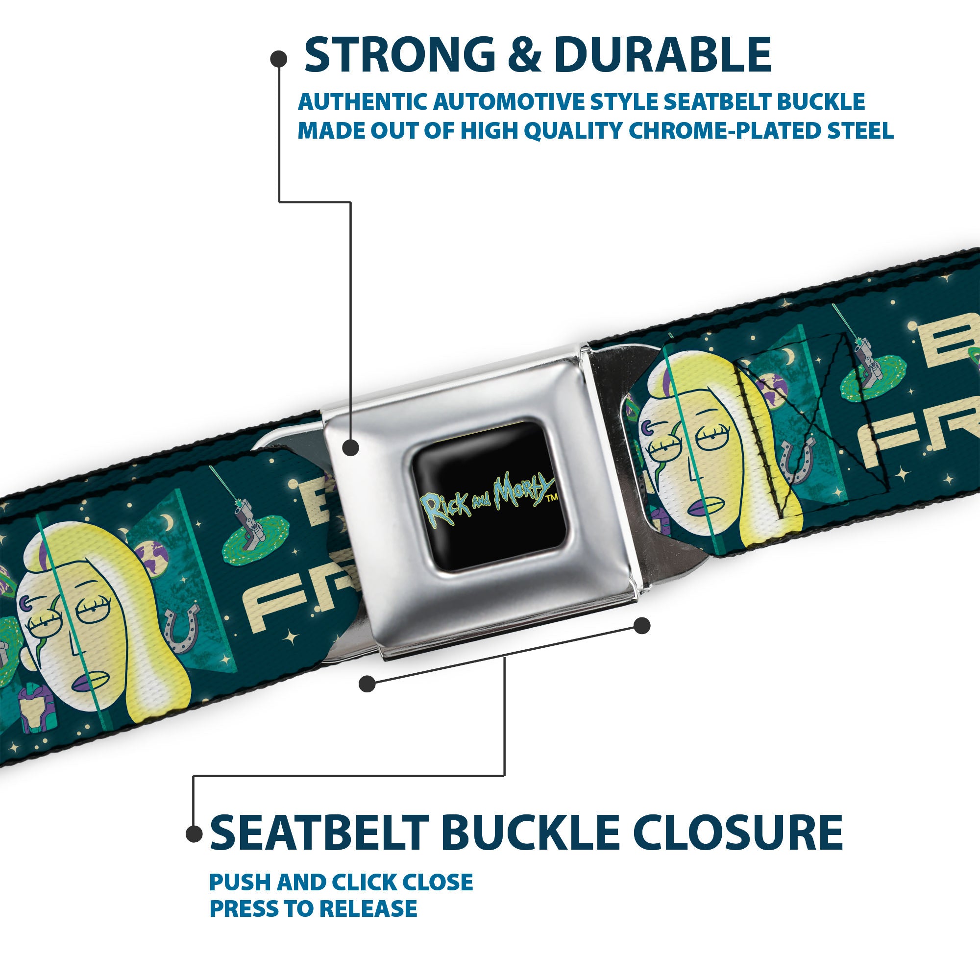 RICK AND MORTY Text Logo Full Color Black/Blue Seatbelt Belt - Rick and Morty Space Beth BEST FRIENDS Split Pose BlueGreens Webbing Seatbelt Belts Rick and Morty