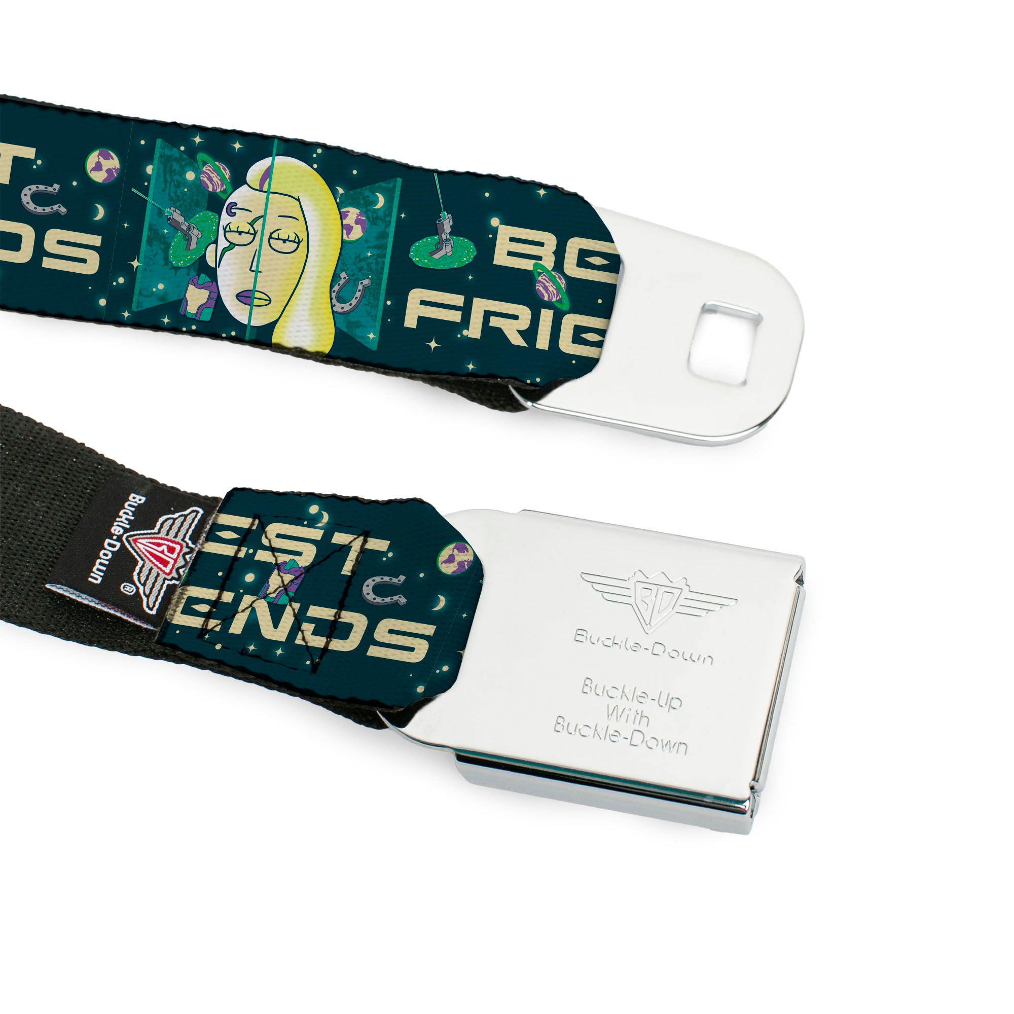 RICK AND MORTY Text Logo Full Color Black/Blue Seatbelt Belt - Rick and Morty Space Beth BEST FRIENDS Split Pose BlueGreens Webbing Seatbelt Belts Rick and Morty