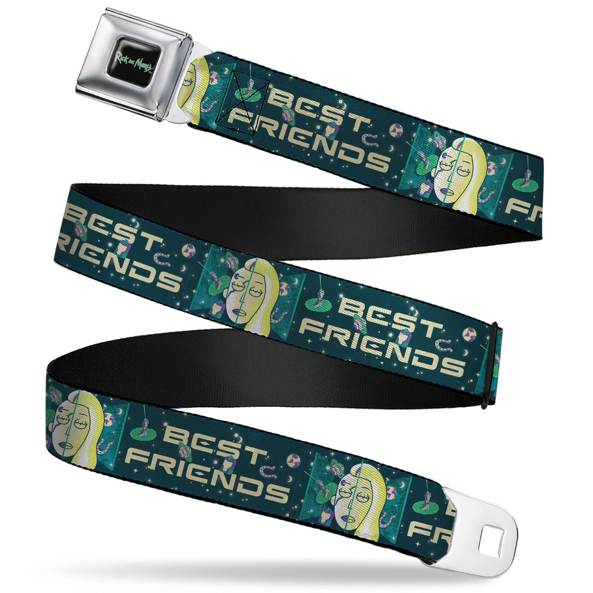 RICK AND MORTY Text Logo Full Color Black/Blue Seatbelt Belt - Rick and Morty Space Beth BEST FRIENDS Split Pose BlueGreens Webbing Seatbelt Belts Rick and Morty